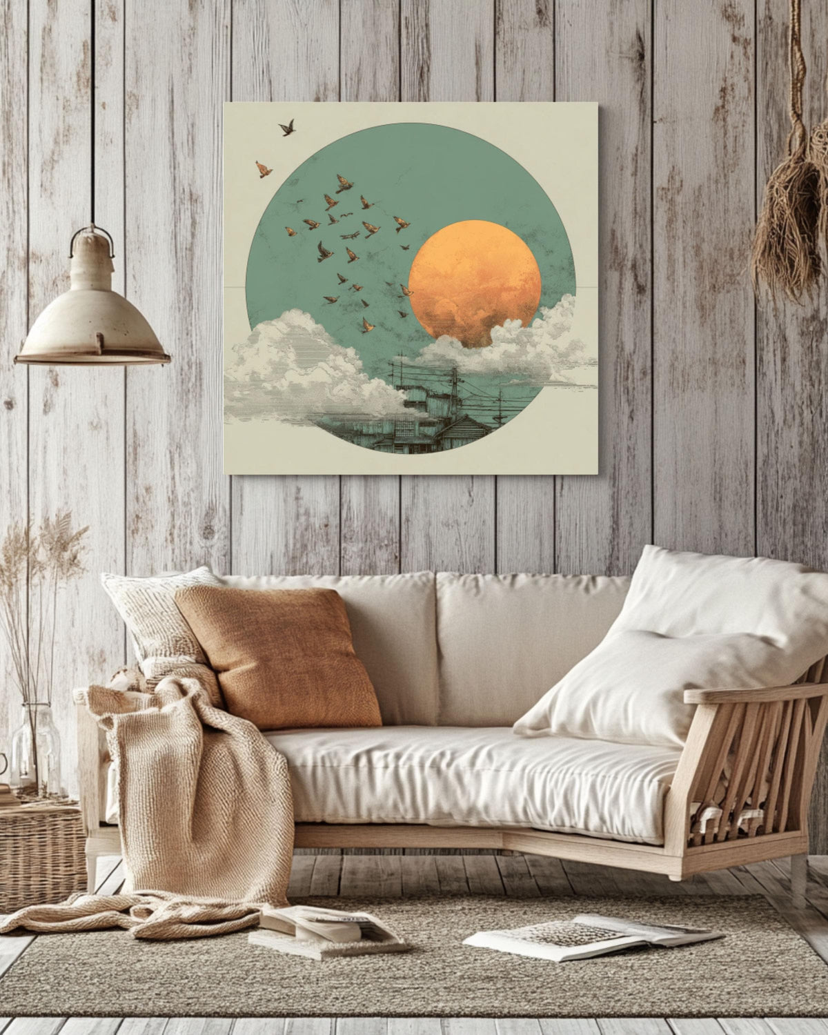 Japandi Canvas Wall Art: Sage Green Moon, Birds, Japanese Sun