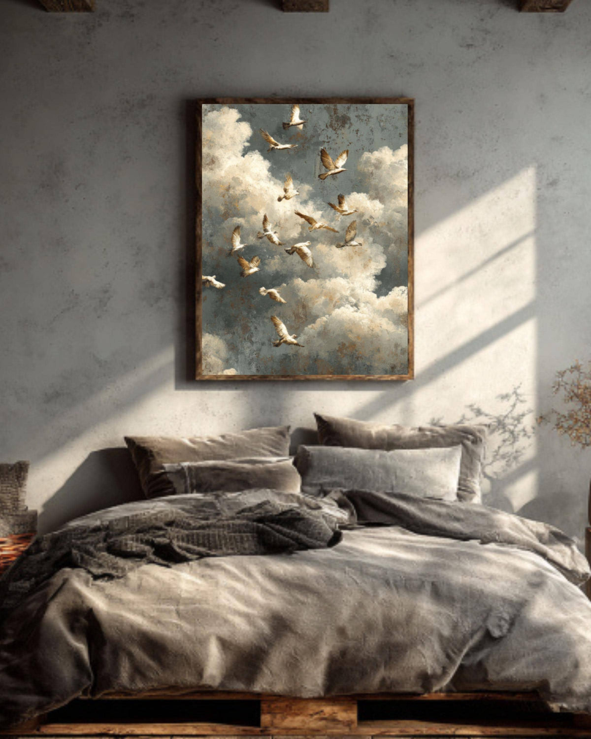 Framed Canvas Bird Art: Neutral Rustic Minimalist Wall Decor