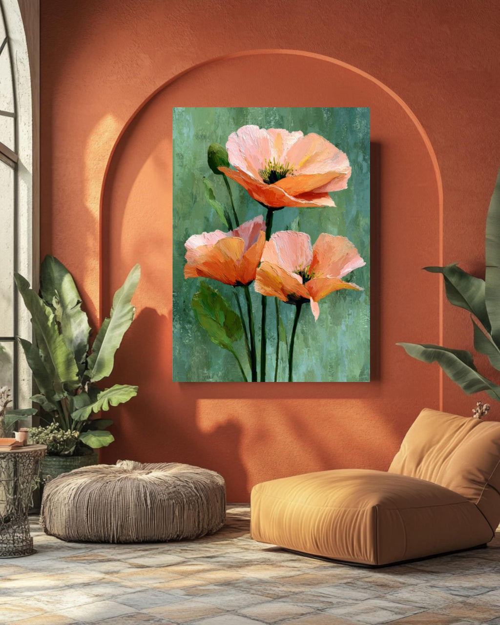 Blush Peony Trio Canvas Print: Minimalist Olive Green Floral Art