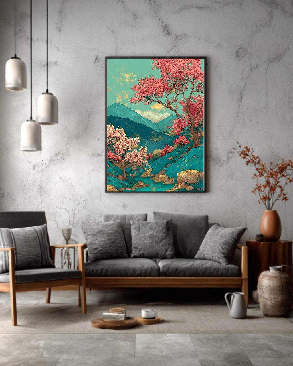 Japanese Landscape Canvas Print: Cherry Blossom & Green Mountain Art
