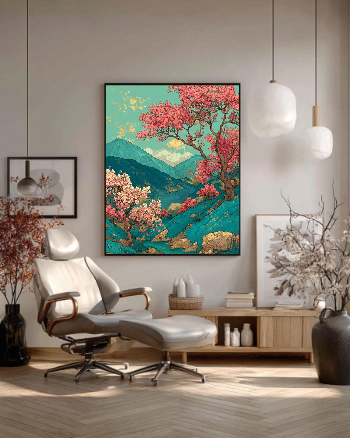 Japanese Landscape Canvas Print: Cherry Blossom & Green Mountain Art