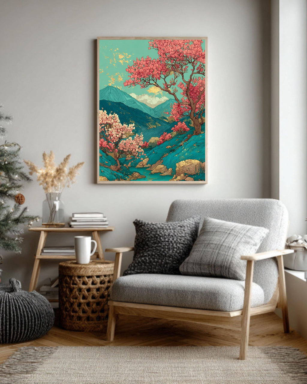 Japanese Landscape Canvas Print: Cherry Blossom & Green Mountain Art