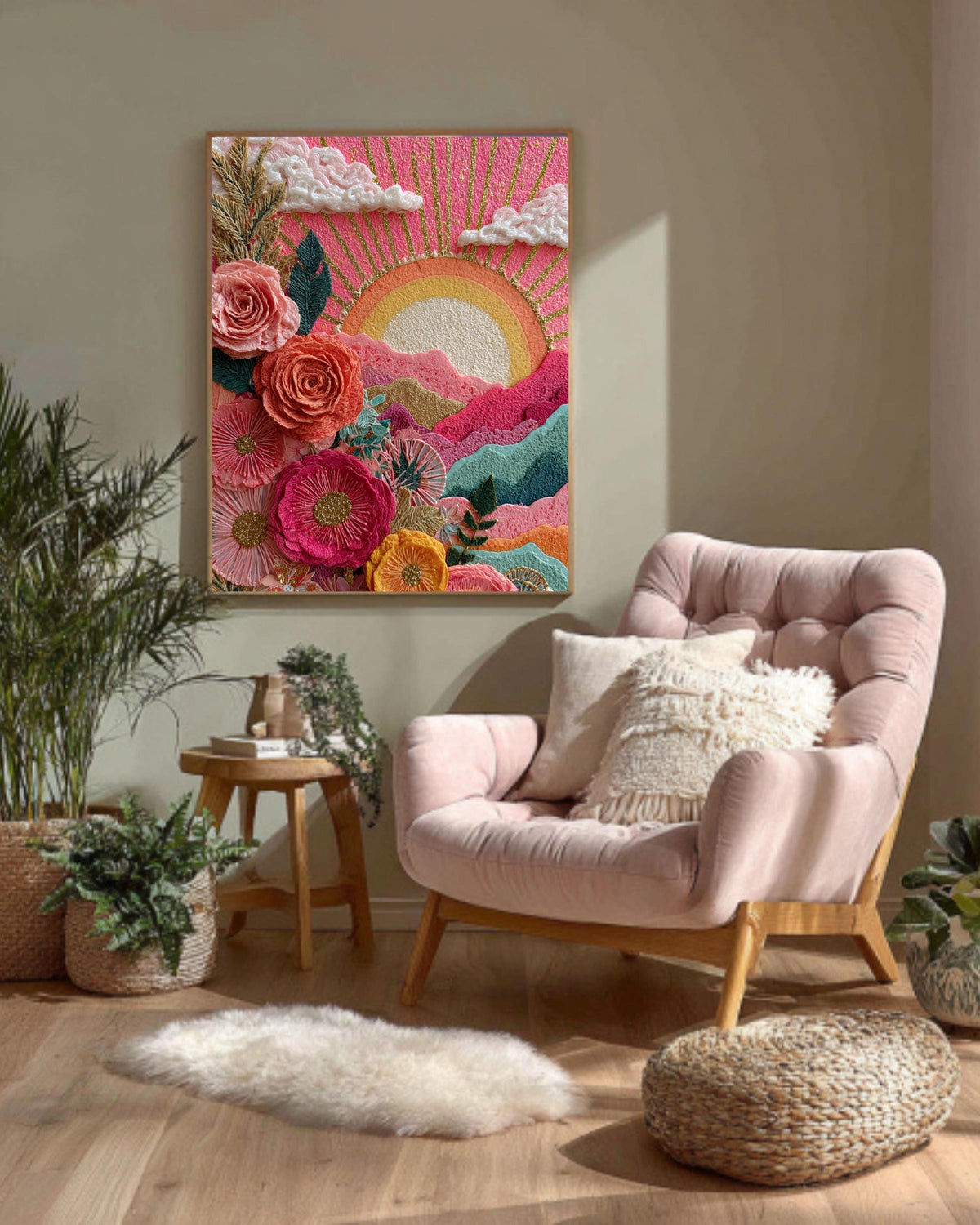 Floral Sunrise Canvas Art: Boho Abstract Nature Painting