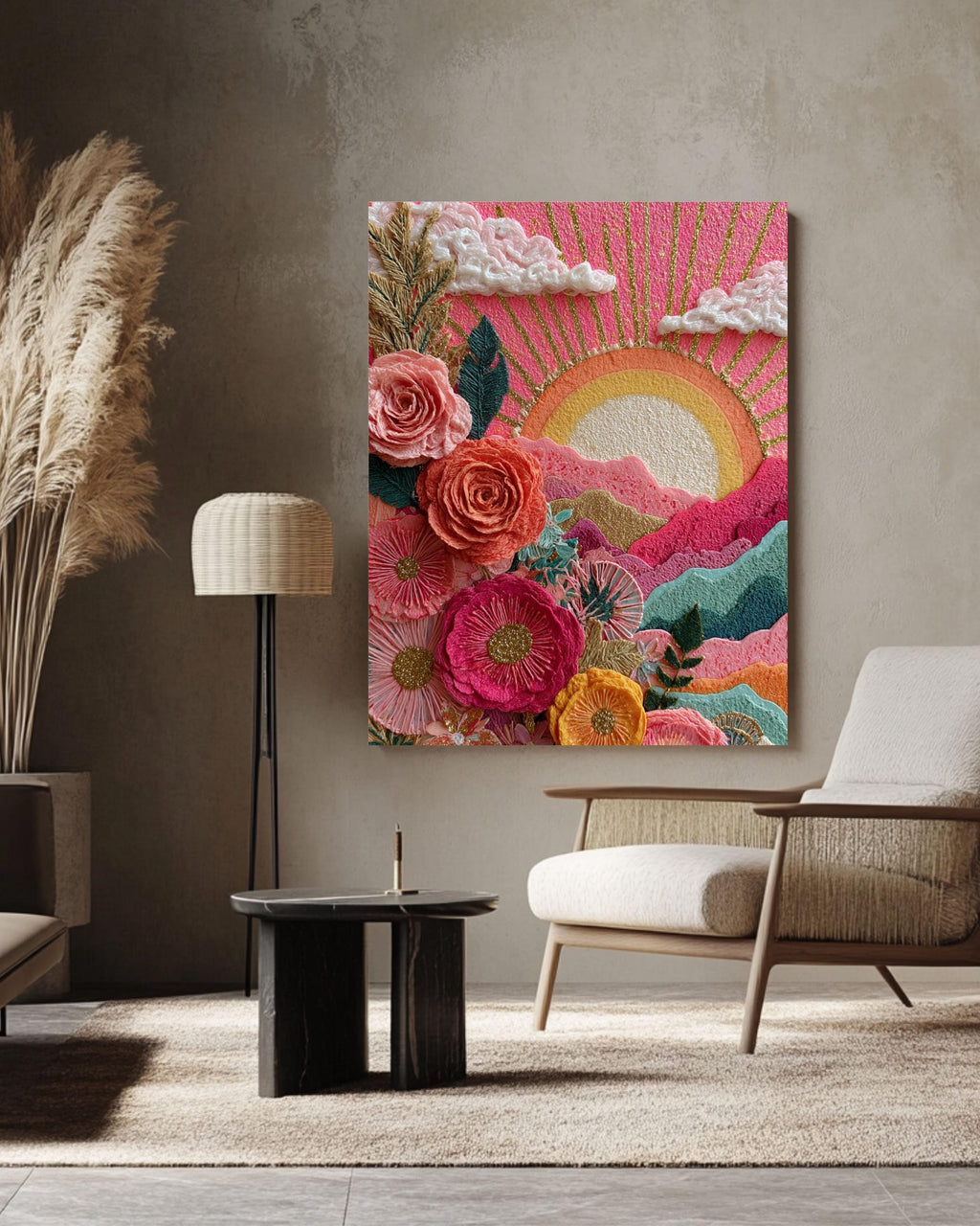 Floral Sunrise Canvas Art: Boho Abstract Nature Painting