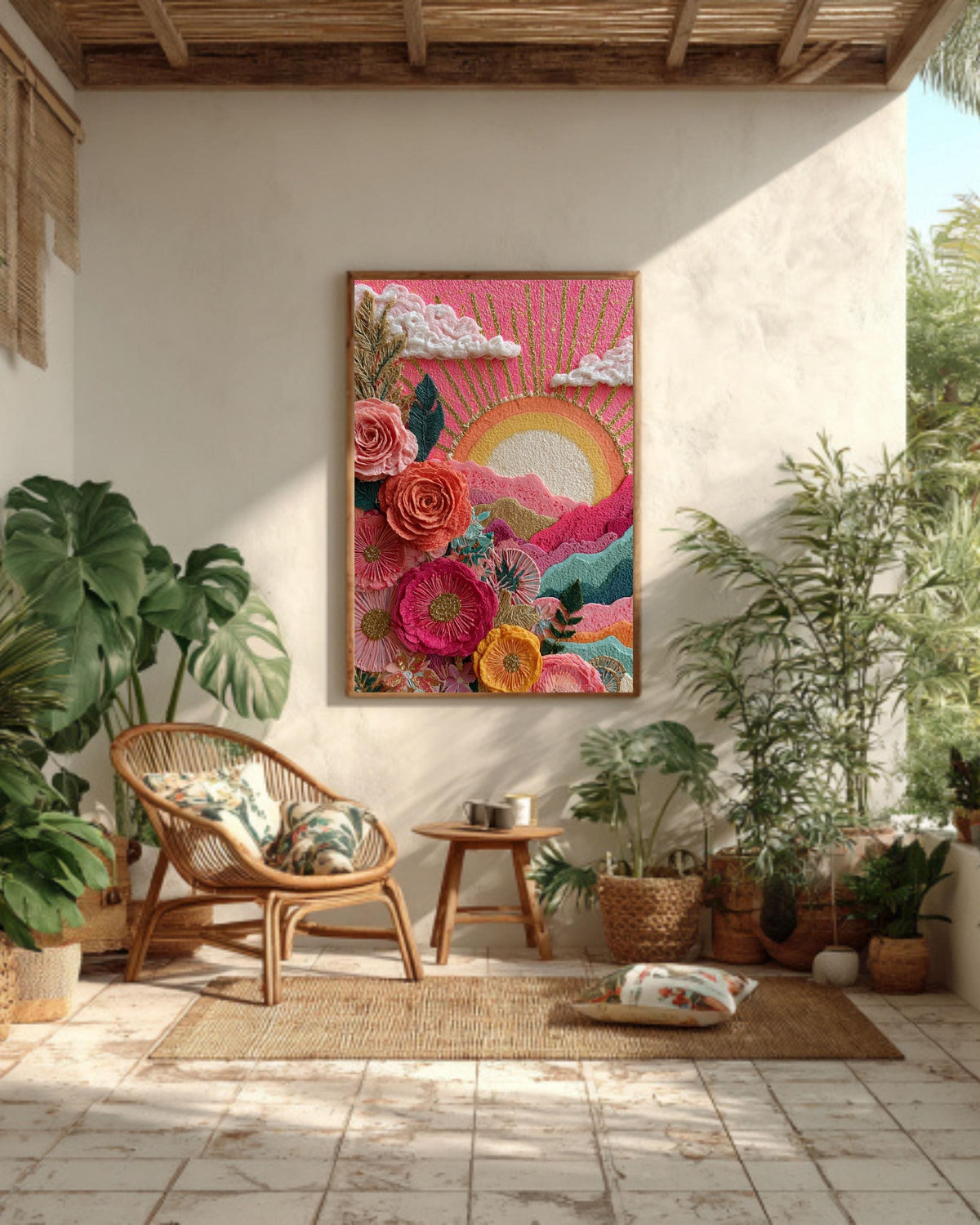 Floral Sunrise Canvas Art: Boho Abstract Nature Painting