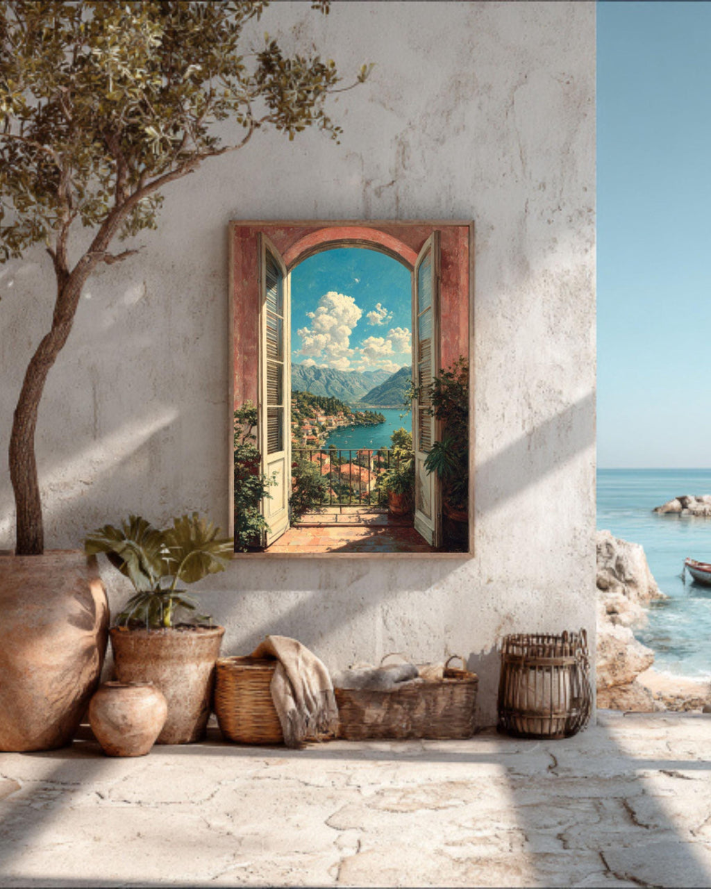 Italian Balcony Canvas Print: Mediterranean Lake View Wall Art
