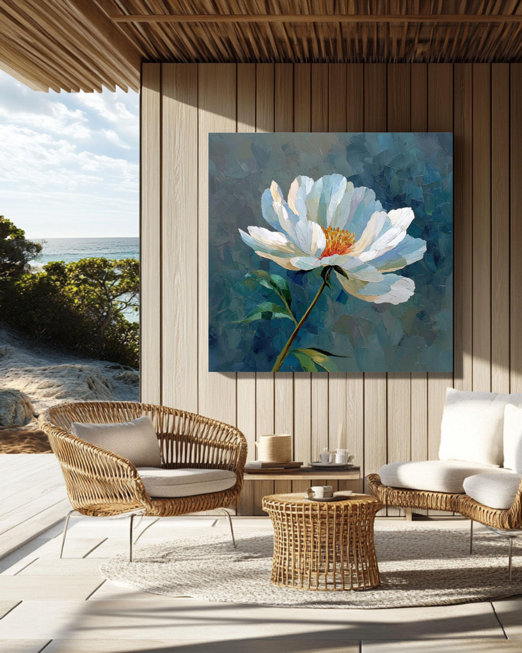 Textured White Flower Oil Painting: Botanical Impasto Canvas Art