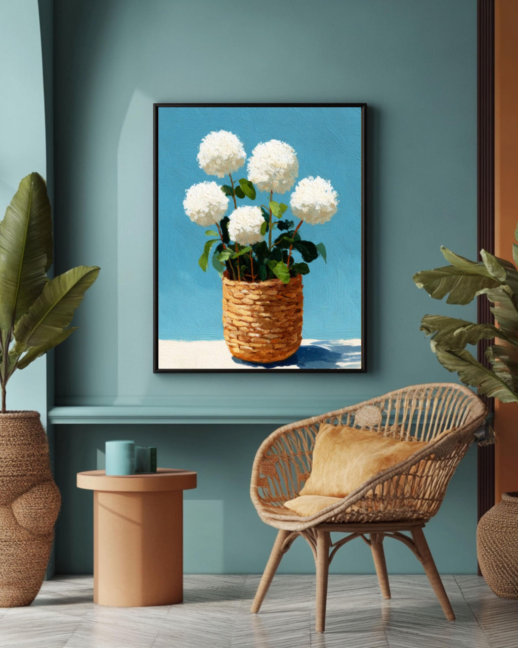 Hydrangea Basket Coastal Canvas Art: Rustic Floral Wall Decor