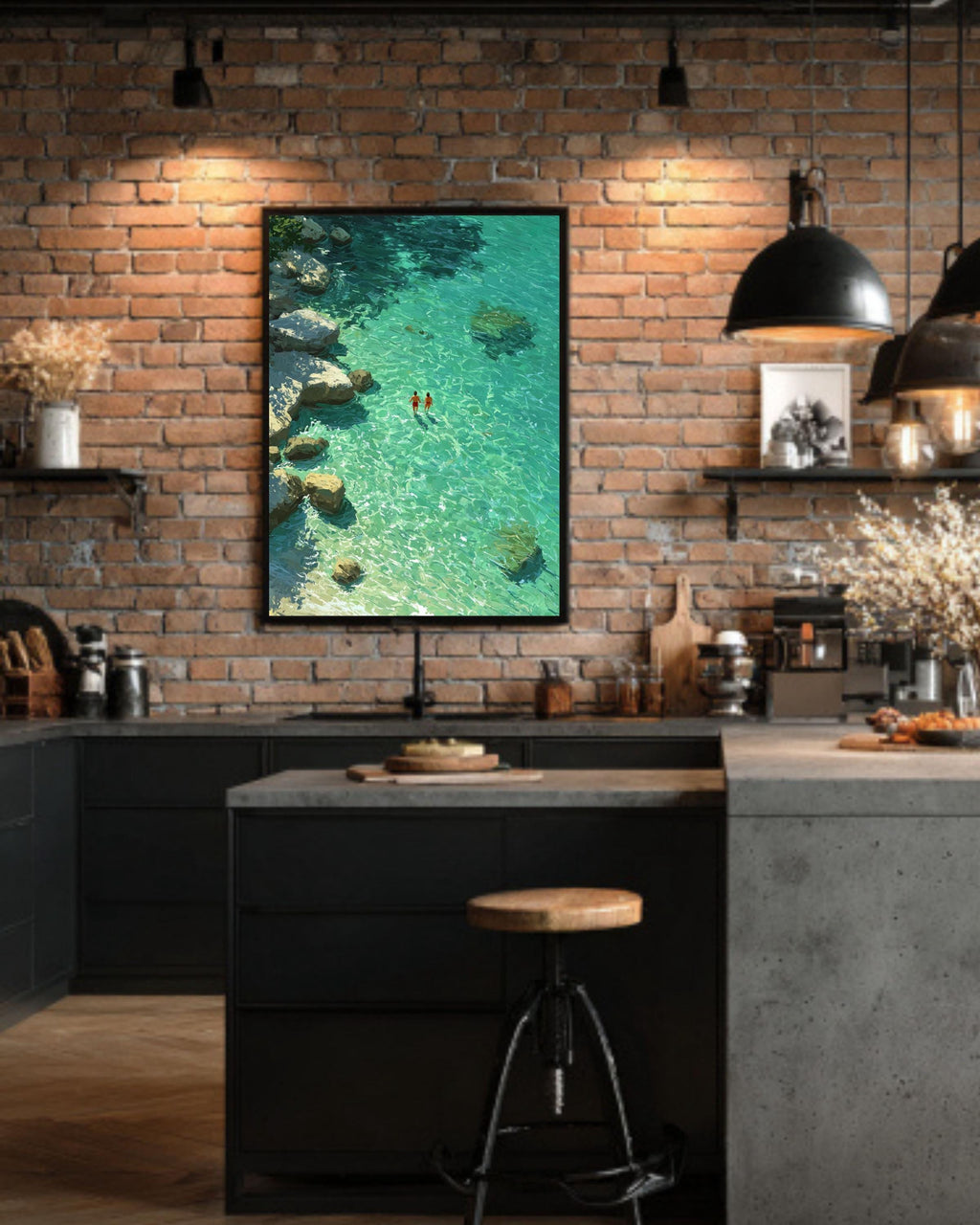 Green Abstract Oil Painting Print: Turquoise Swimming Artwork