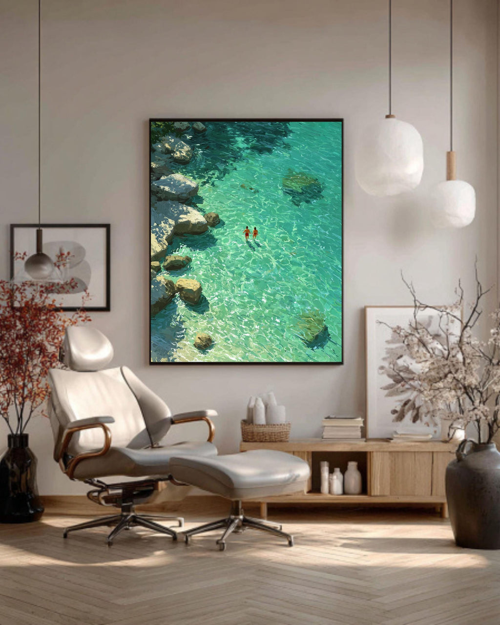 Green Abstract Oil Painting Print: Turquoise Swimming Artwork