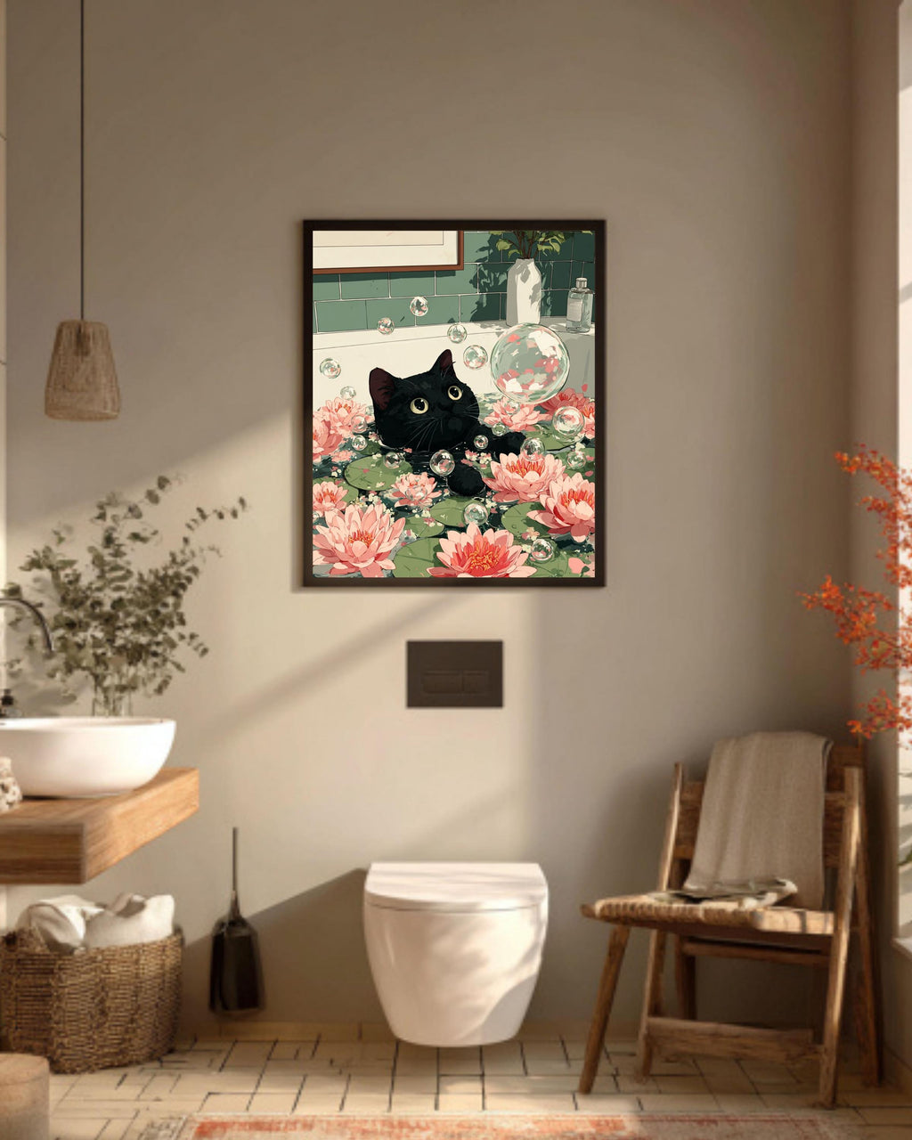 Funny Black Cat Bathtub Poster: Zen Japandi Bathroom Wall Art