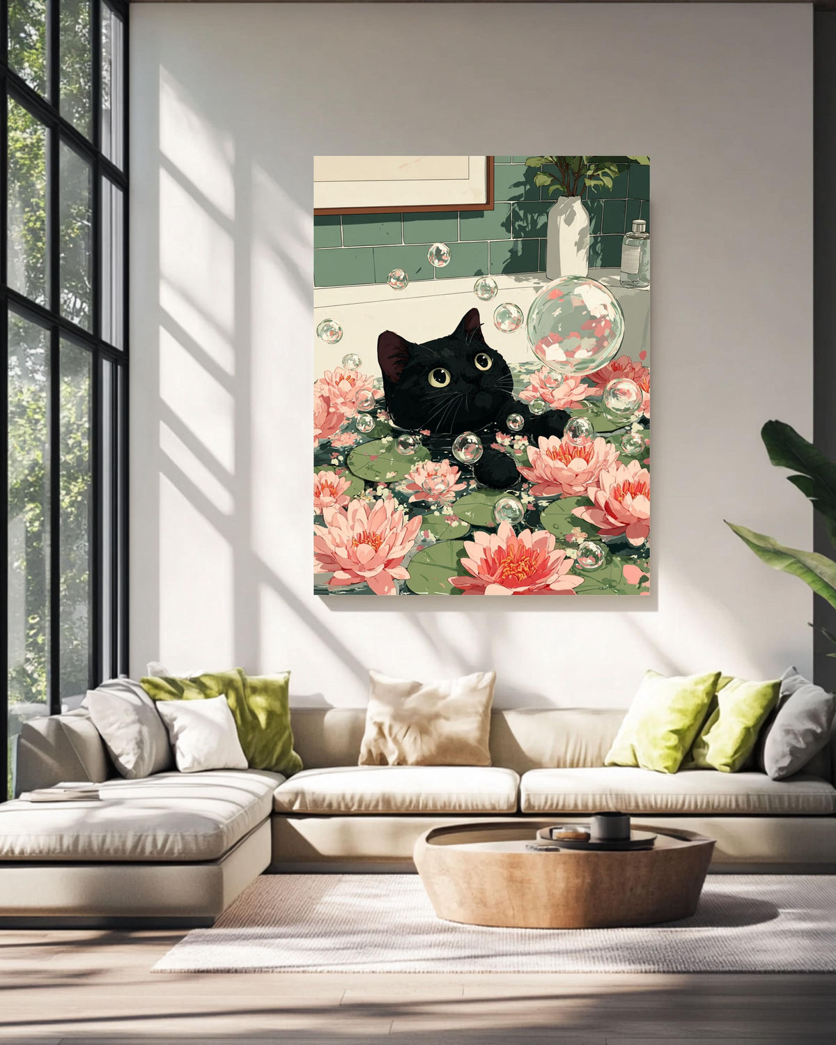 Funny Black Cat Bathtub Poster: Zen Japandi Bathroom Wall Art