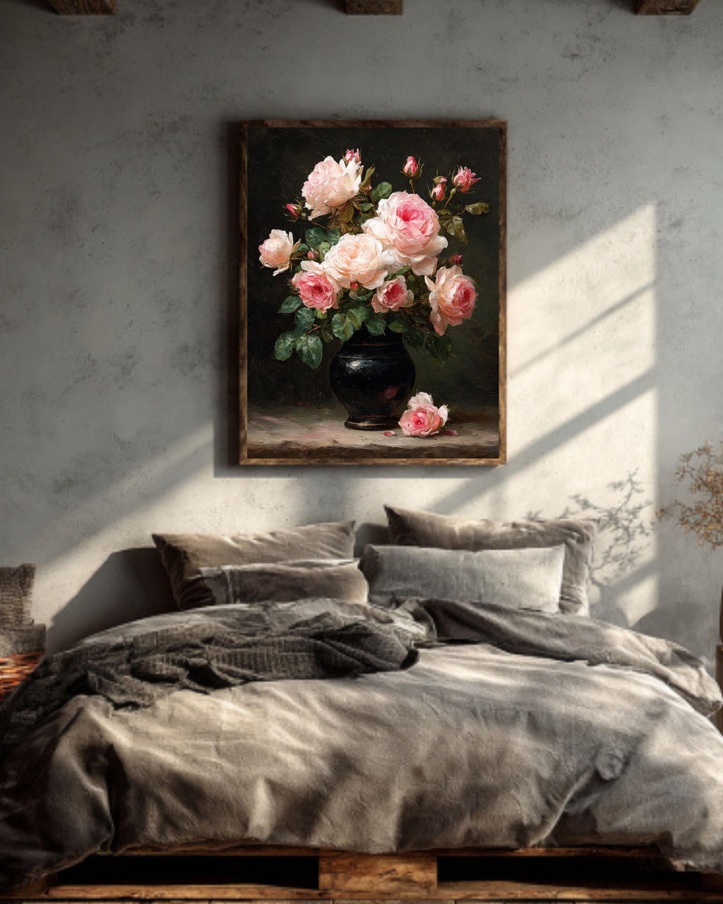 Moody Pink Peonies Canvas Print: Vintage Floral Wall Art