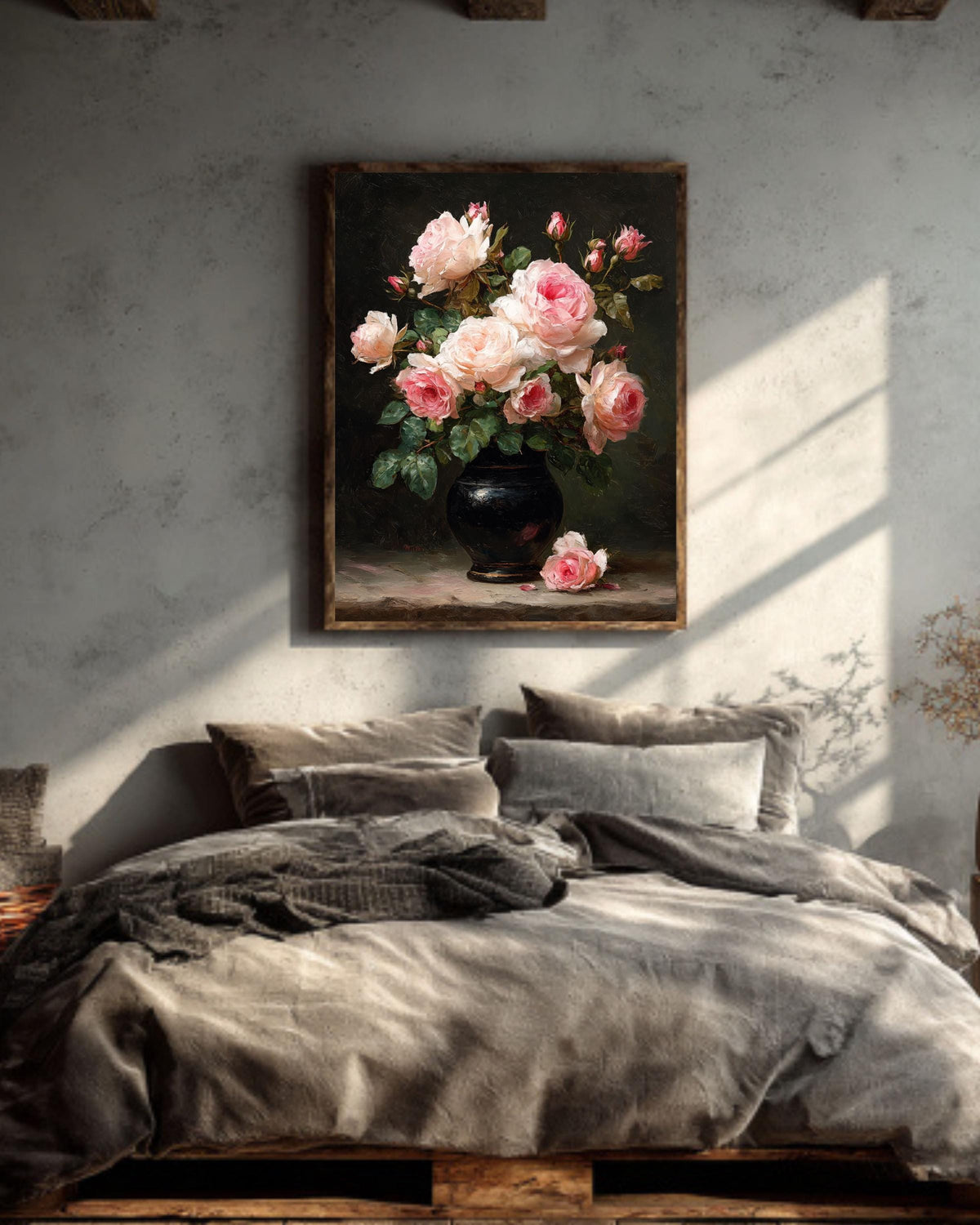 Moody Pink Peonies Canvas Print: Vintage Floral Wall Art