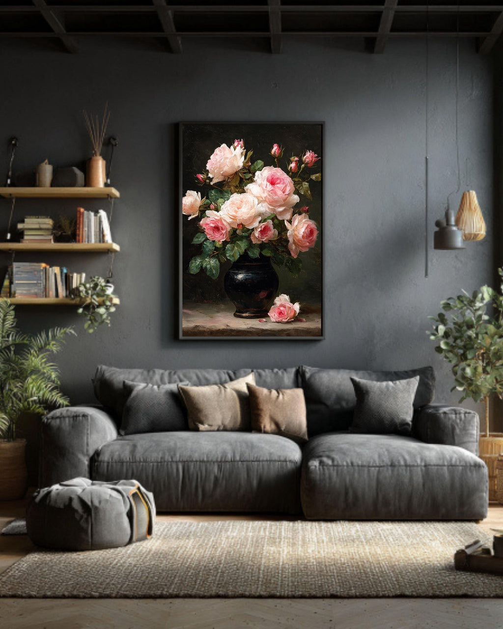 Moody Pink Peonies Canvas Print: Vintage Floral Wall Art