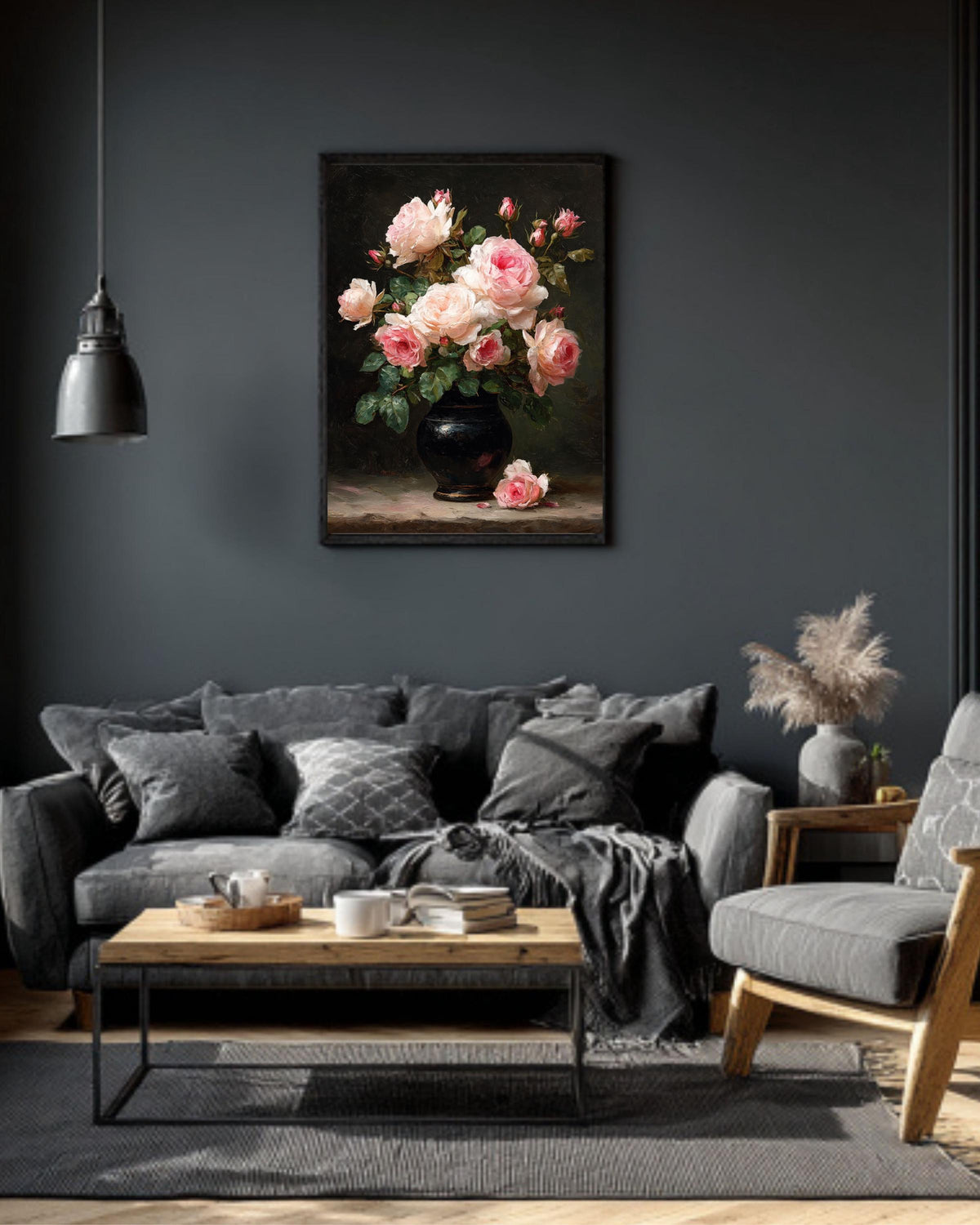 Moody Pink Peonies Canvas Print: Vintage Floral Wall Art