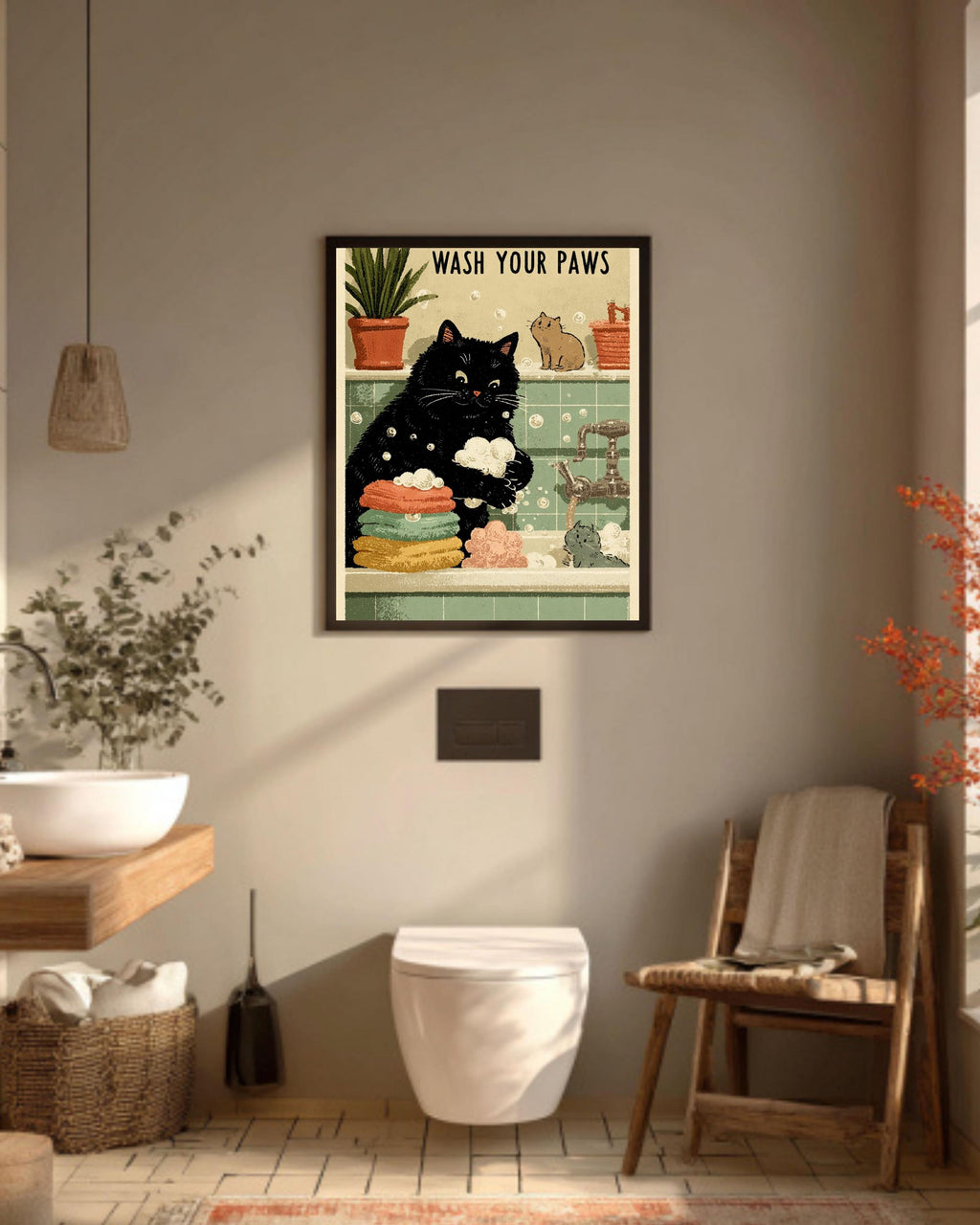 Wash Your Paws Cat Print: Kawaii Bathroom Wall Art