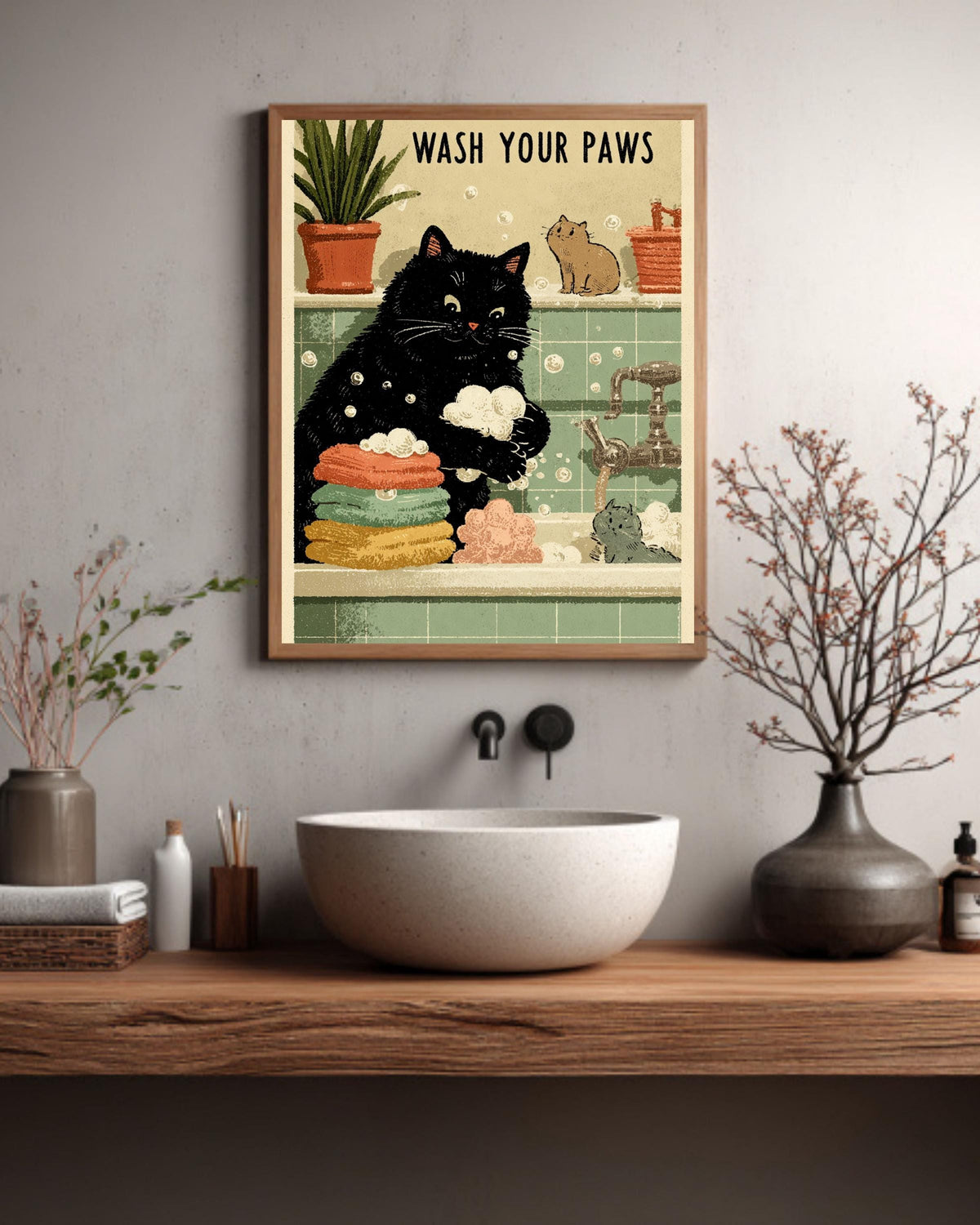 Wash Your Paws Cat Print: Kawaii Bathroom Wall Art