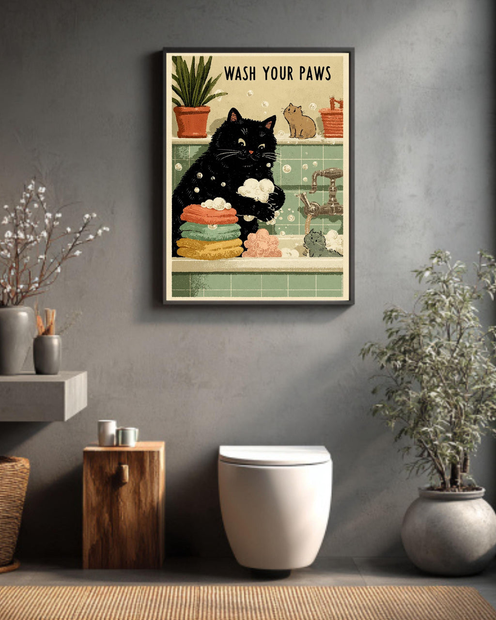 Wash Your Paws Cat Print: Kawaii Bathroom Wall Art