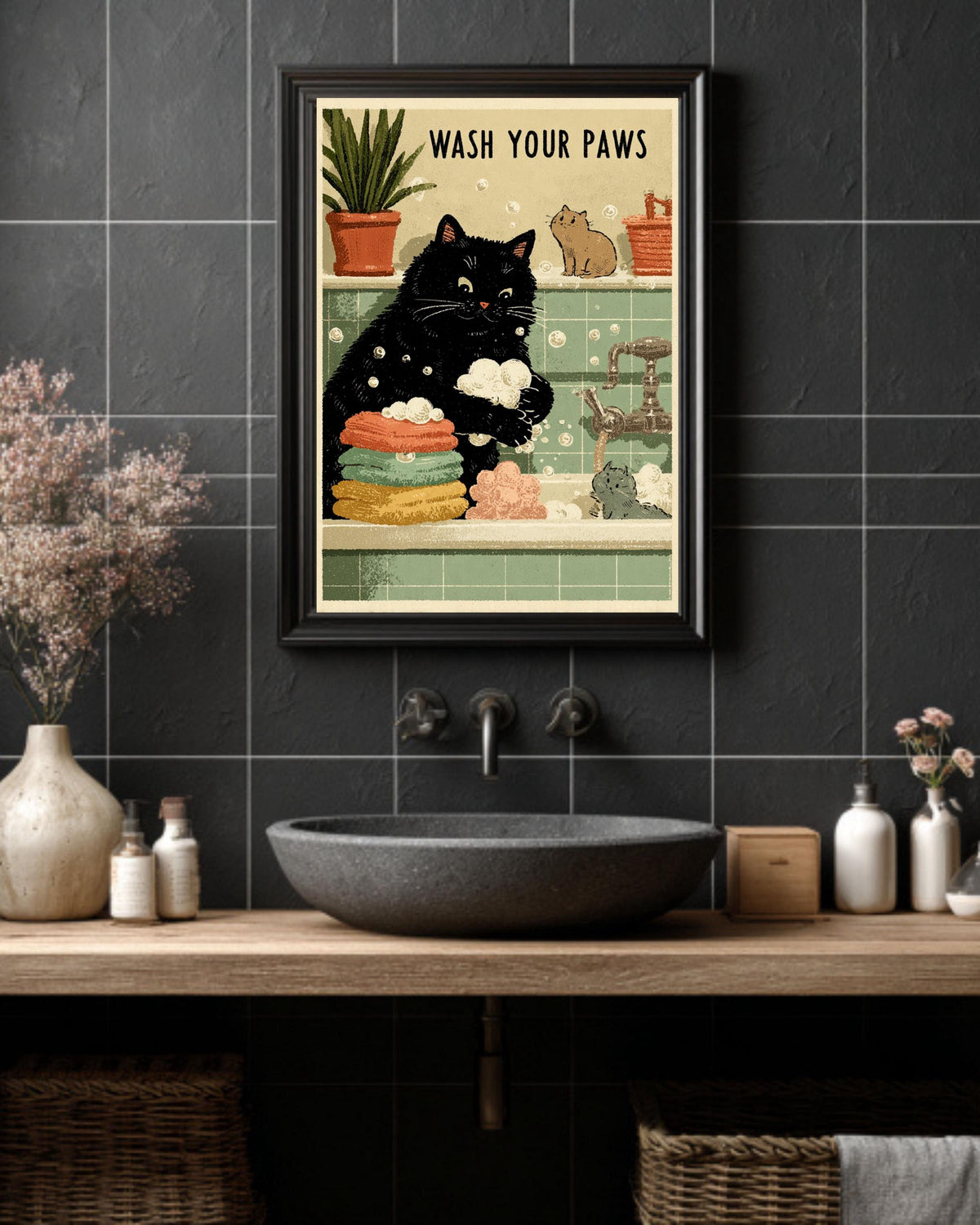 Wash Your Paws Cat Print: Kawaii Bathroom Wall Art
