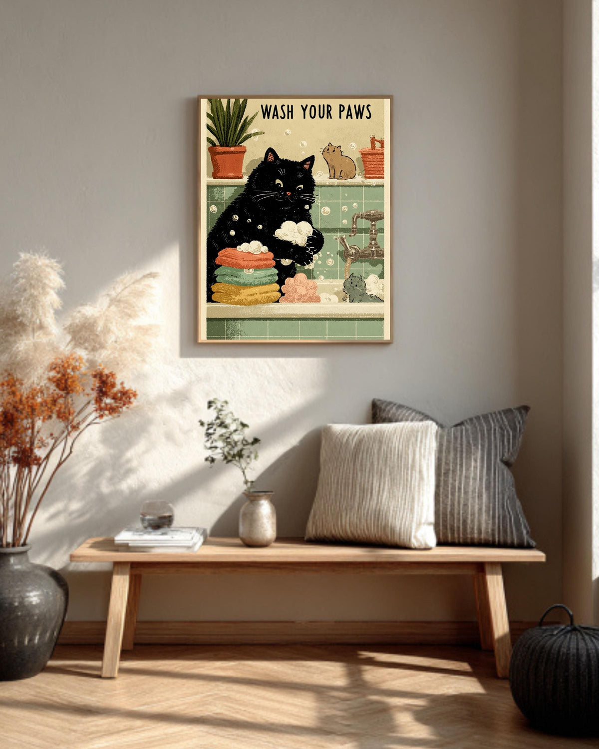 Wash Your Paws Cat Print: Kawaii Bathroom Wall Art