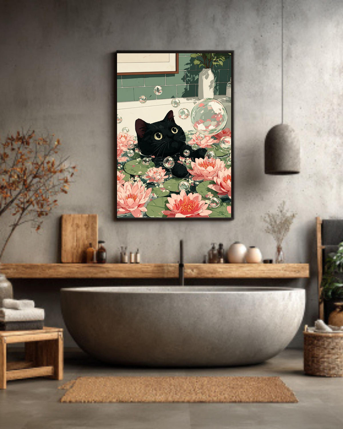Funny Black Cat Bathtub Poster: Zen Japandi Bathroom Wall Art