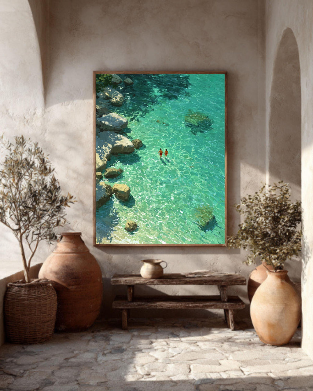 Green Abstract Oil Painting Print: Turquoise Swimming Artwork