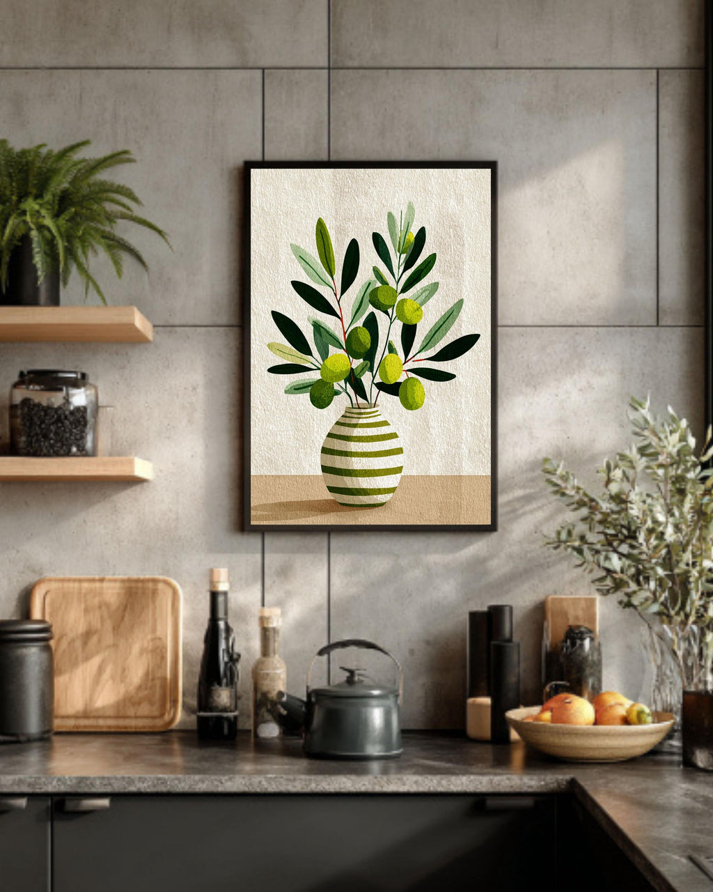 Scandinavian Olive Flower Canvas: Minimalist Nordic Botanical Art Print