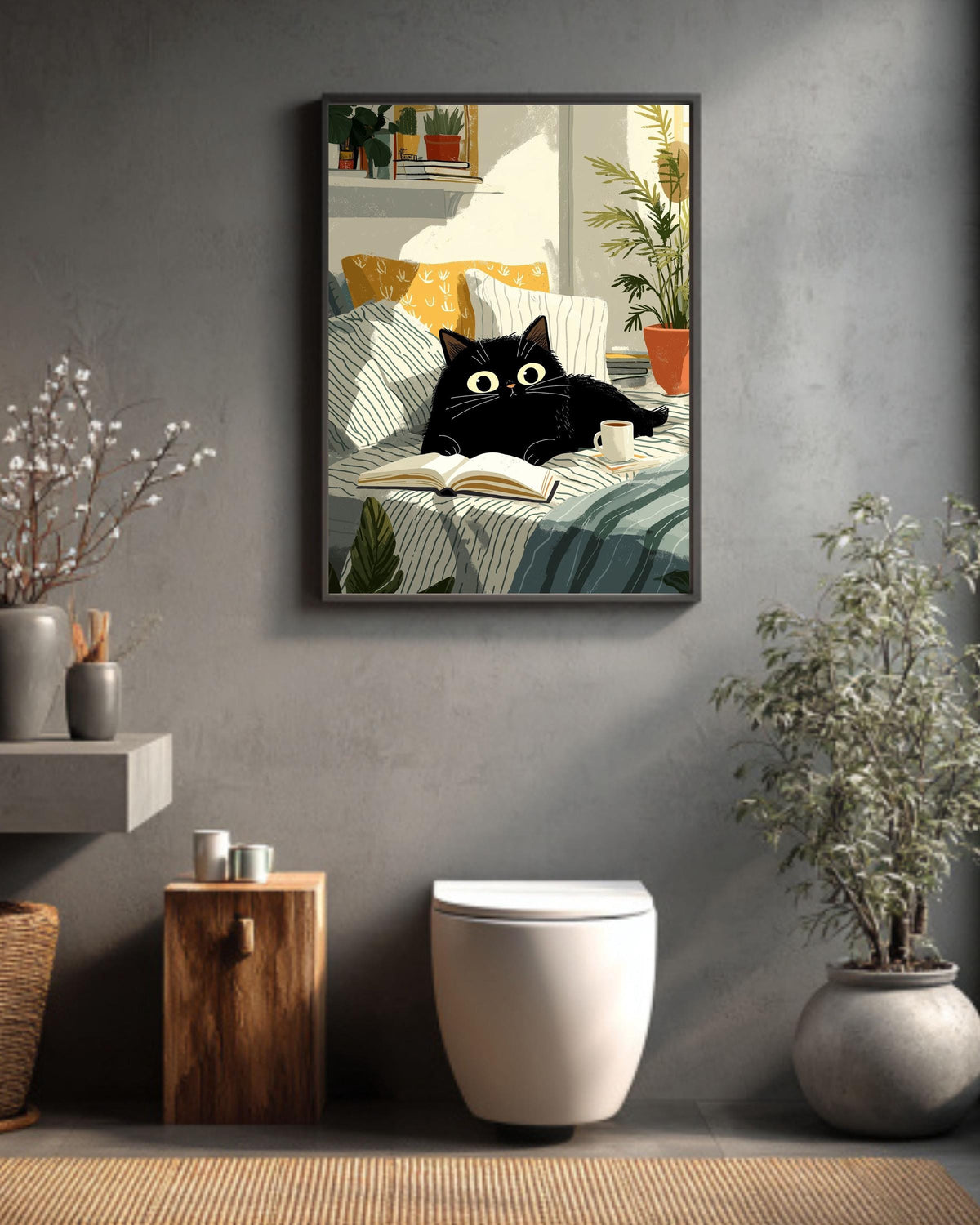 Black Cat Reading in Bed Canvas Art Print: Cozy Feline Illustration