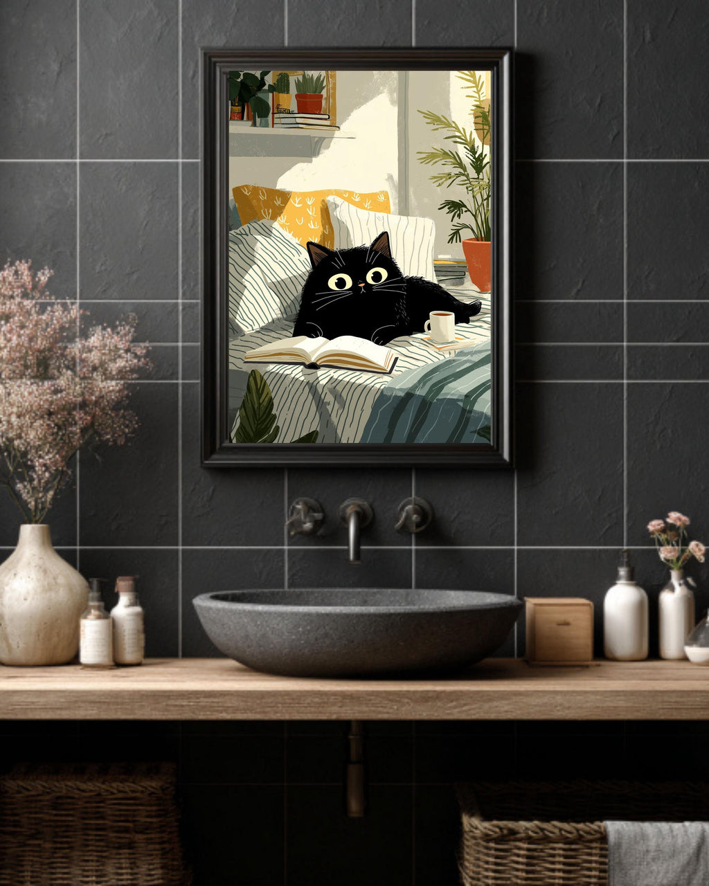 Black Cat Reading in Bed Canvas Art Print: Cozy Feline Illustration