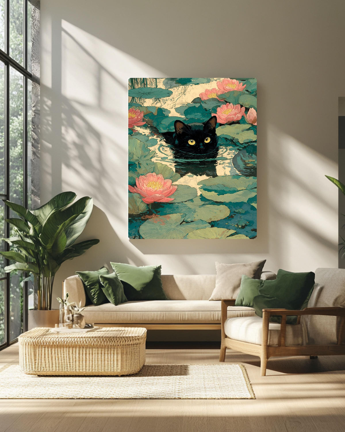 Waterlily Cat Illustration Impressionist Inspired Kitty with Flowers Whimsical Playful Artwork for Cat Lovers