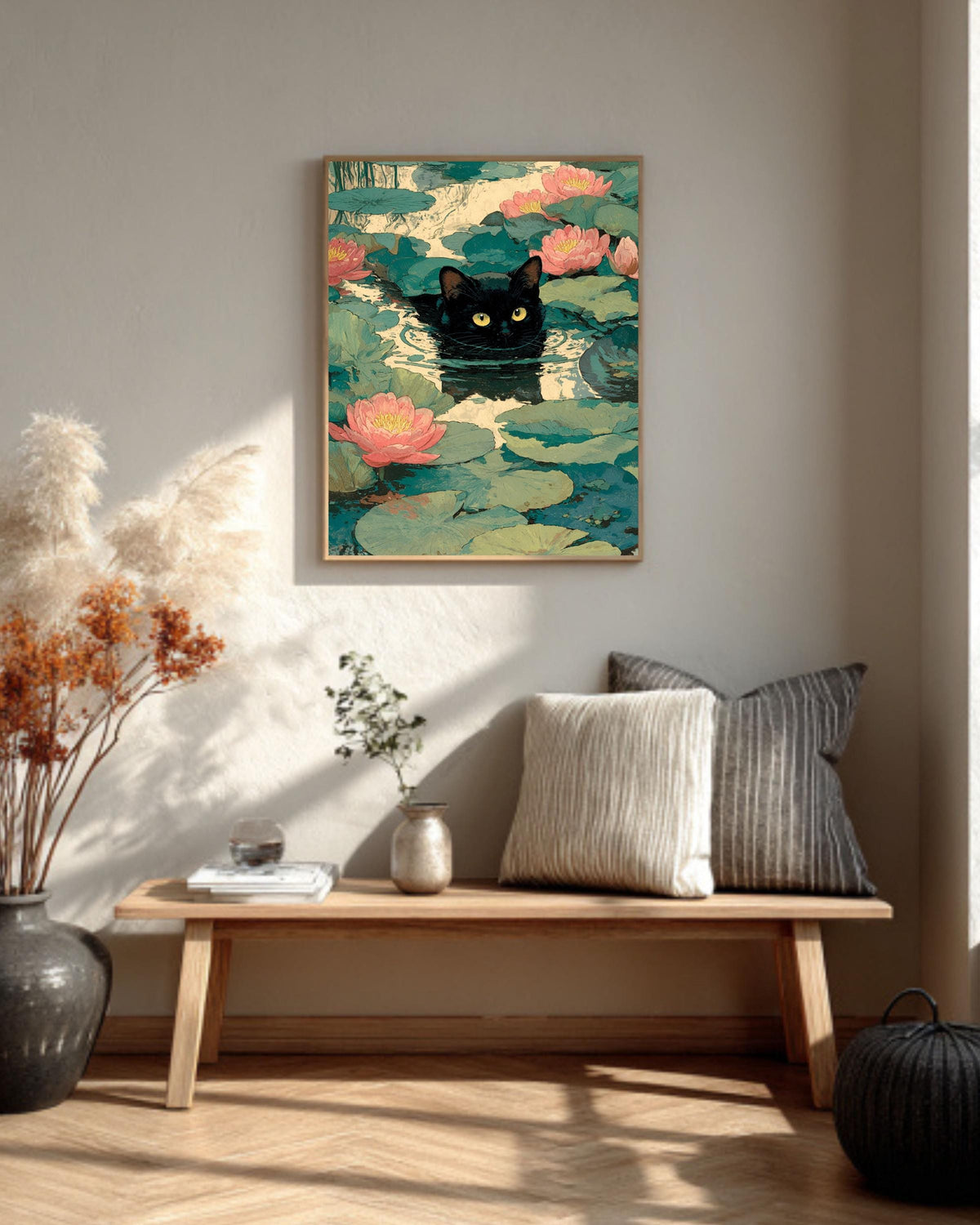 Waterlily Cat Illustration Impressionist Inspired Kitty with Flowers Whimsical Playful Artwork for Cat Lovers