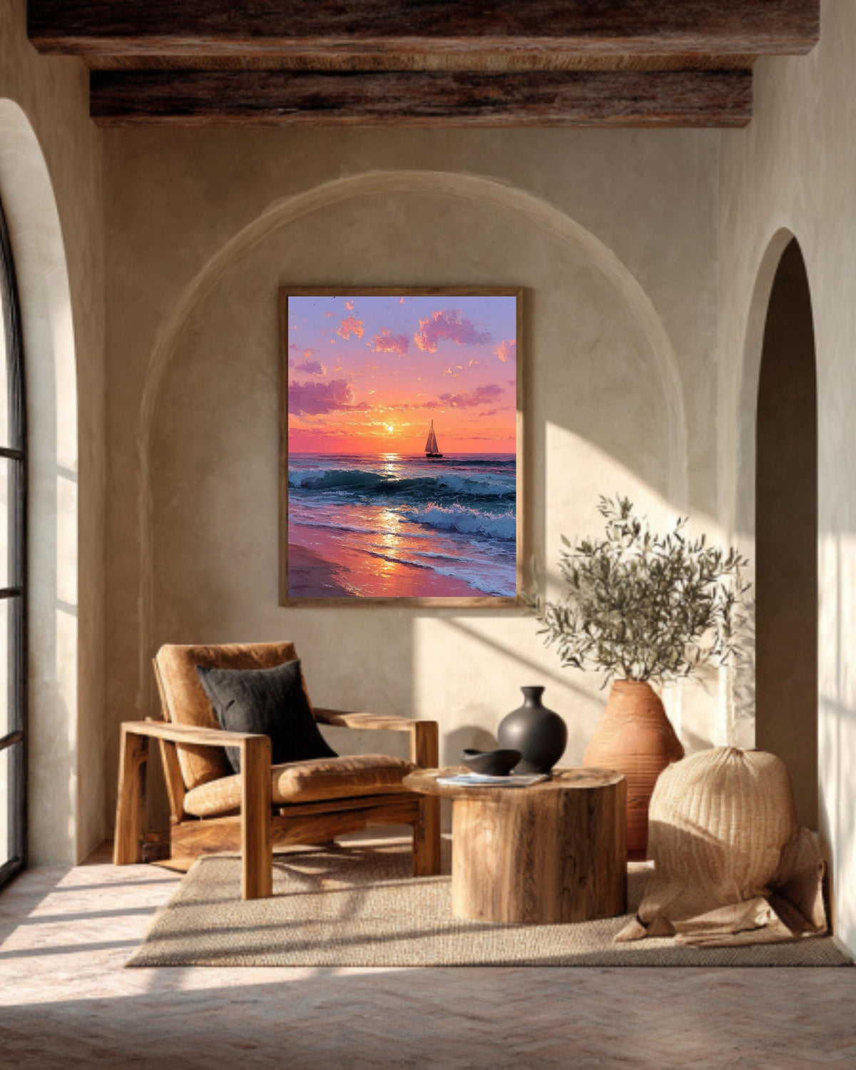 Sunset Ocean Painting: Blush Pink Coastal Seascape Canvas Art