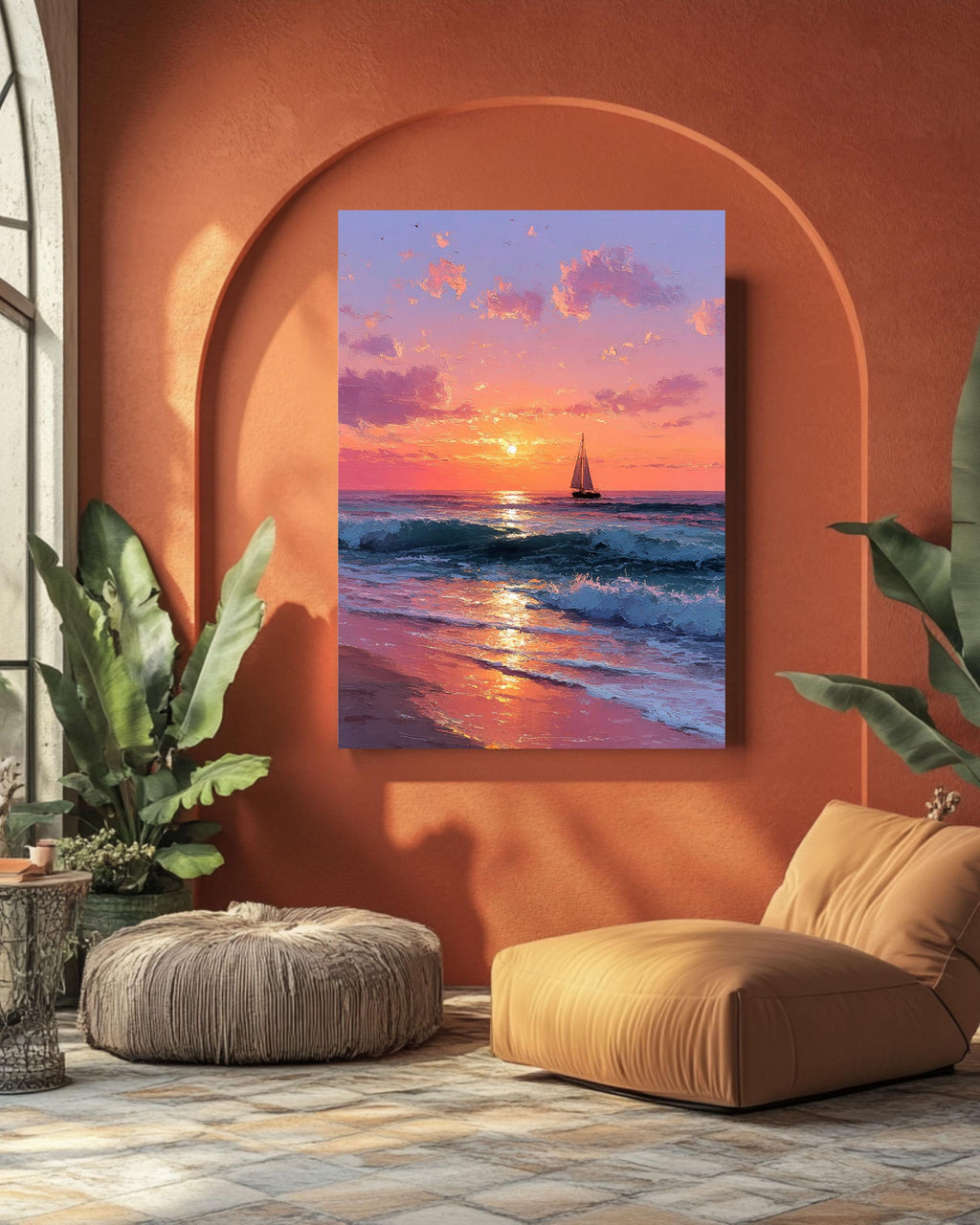Sunset Ocean Painting: Blush Pink Coastal Seascape Canvas Art
