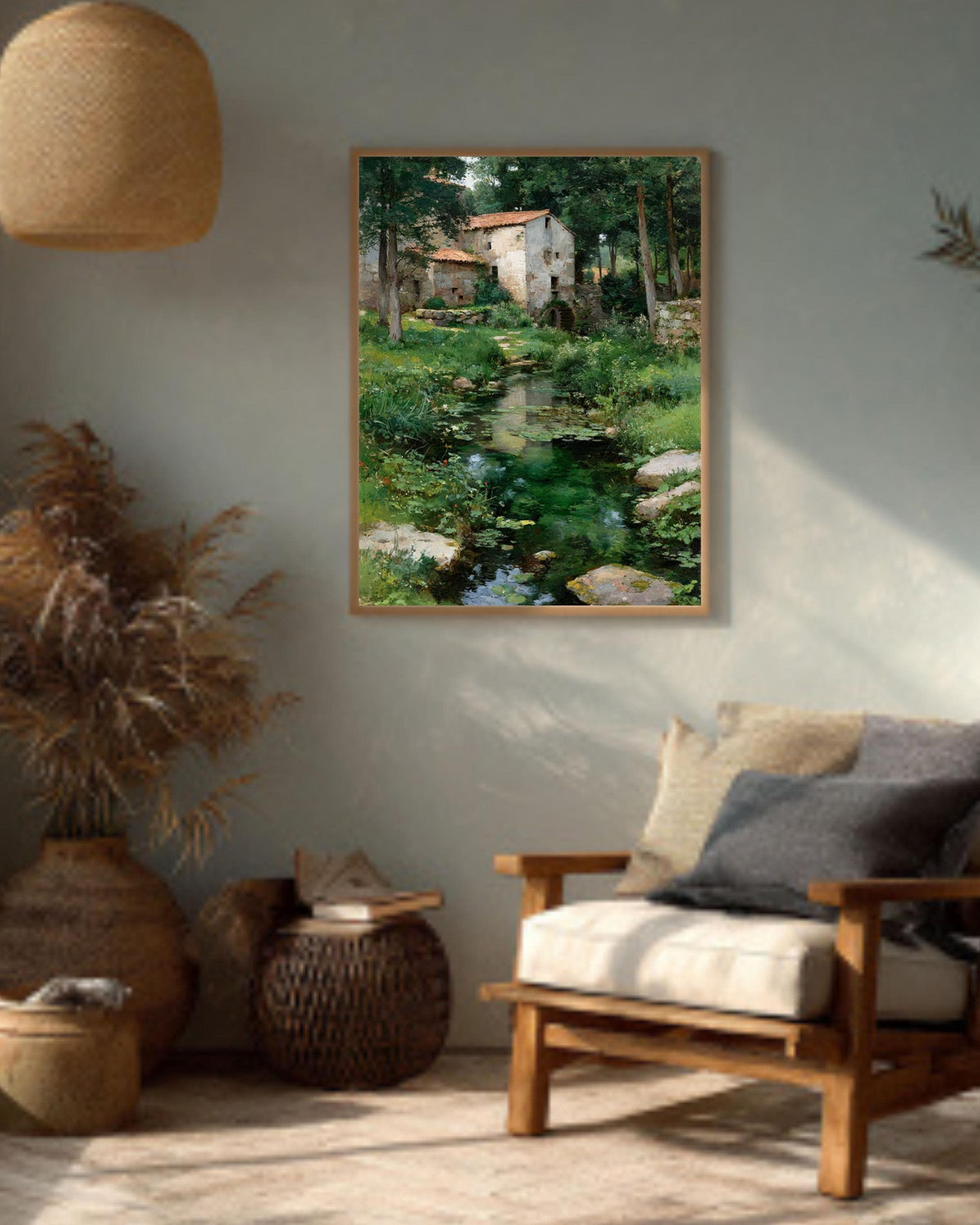 Rustic River Landscape Vintage Cottage Scene Rural Countryside Farmhouse Style Framed Canvas