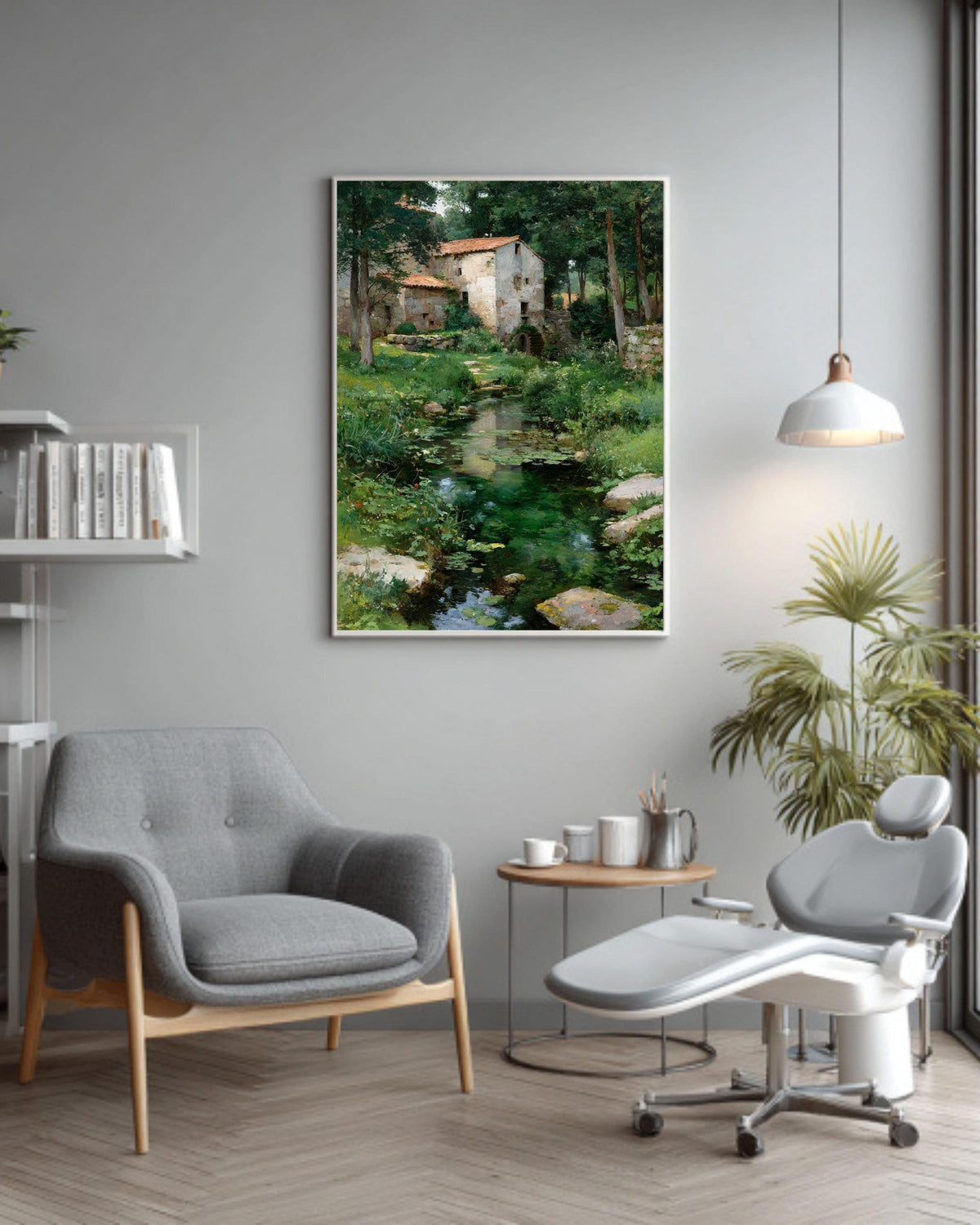 Rustic River Landscape Vintage Cottage Scene Rural Countryside Farmhouse Style Framed Canvas