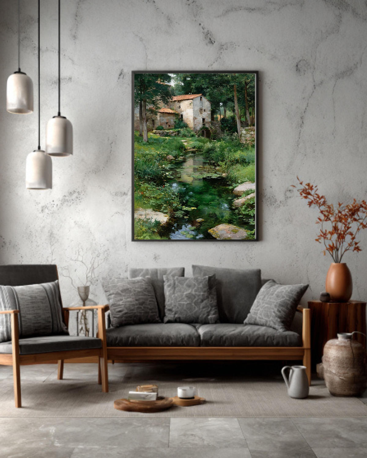 Rustic River Landscape Vintage Cottage Scene Rural Countryside Farmhouse Style Framed Canvas