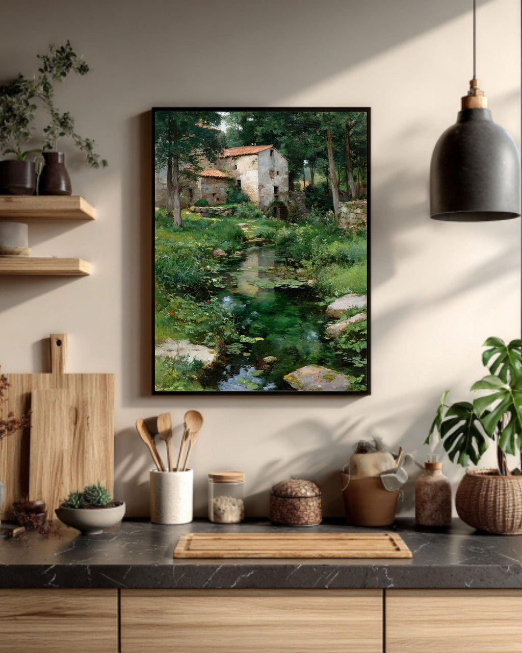 Rustic River Landscape Vintage Cottage Scene Rural Countryside Farmhouse Style Framed Canvas