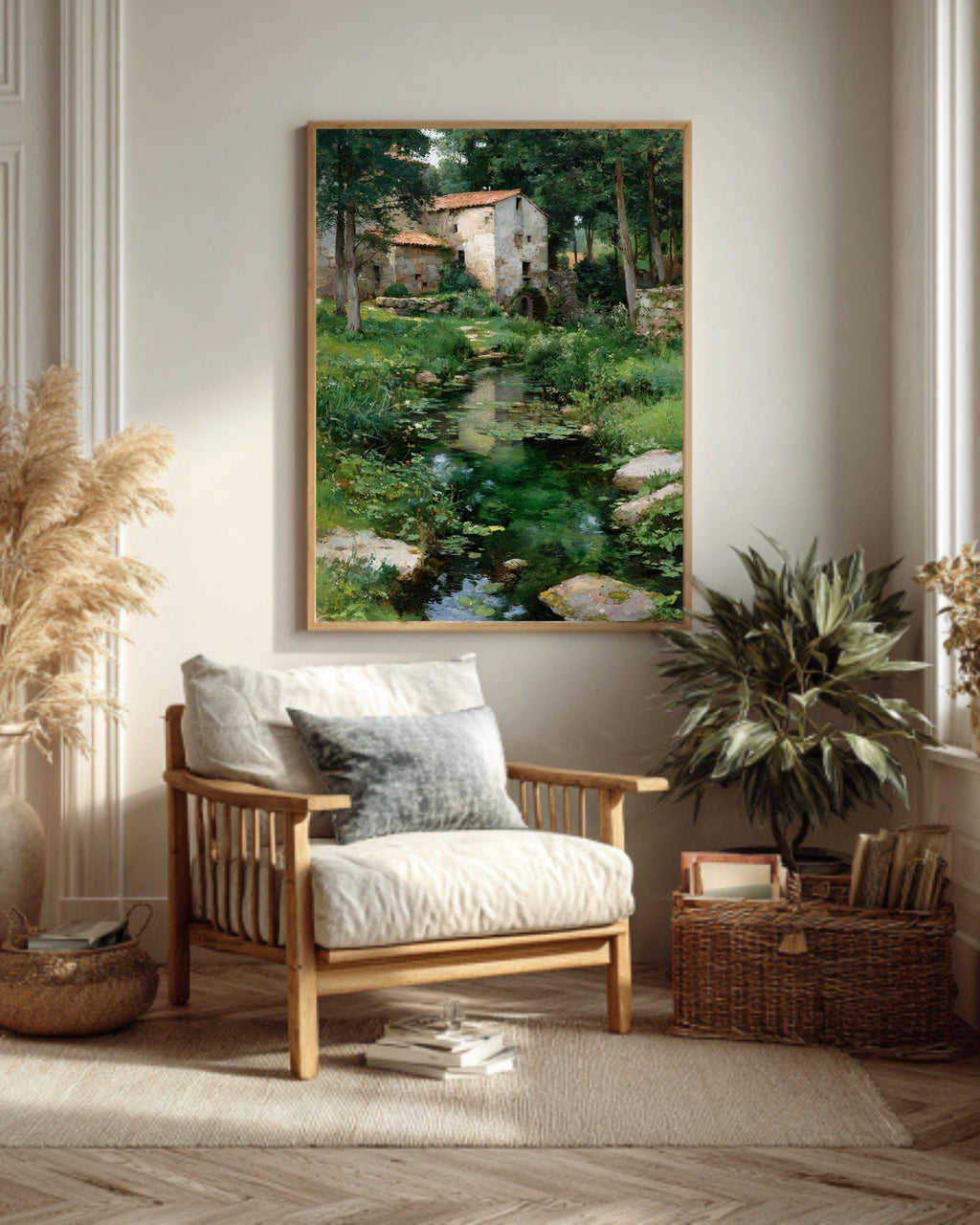 Rustic River Landscape Vintage Cottage Scene Rural Countryside Farmhouse Style Framed Canvas