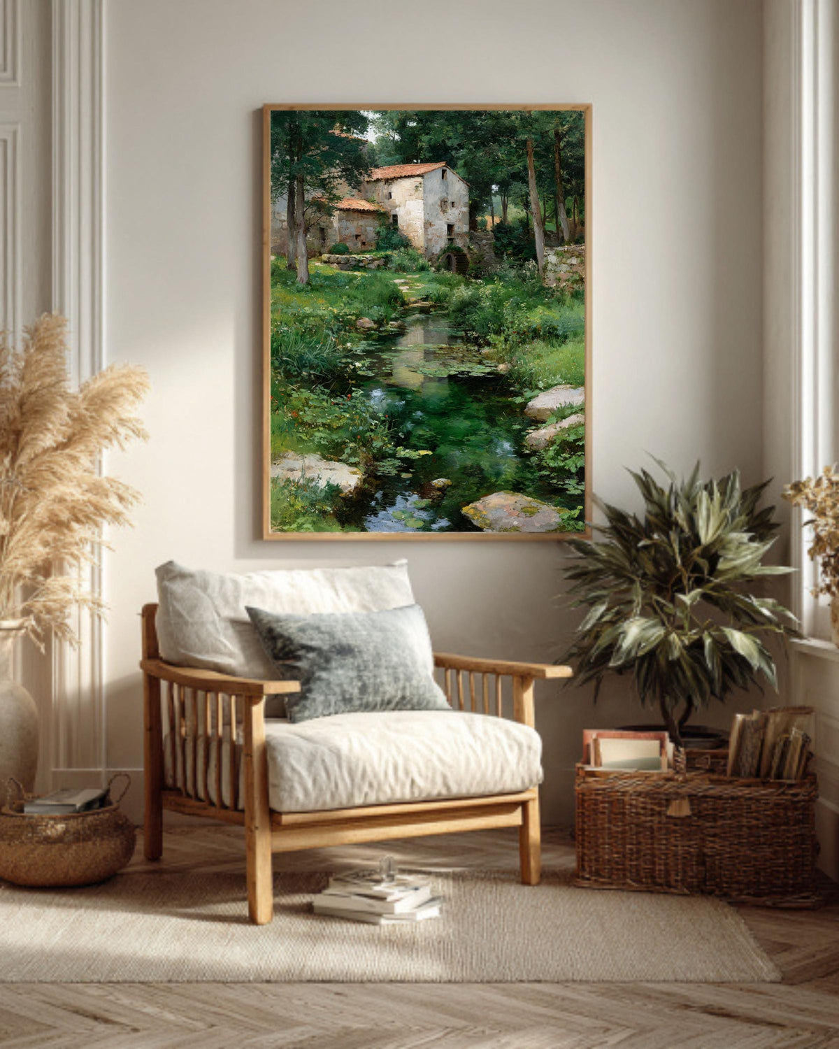 Rustic River Landscape Vintage Cottage Scene Rural Countryside Farmhouse Style Framed Canvas
