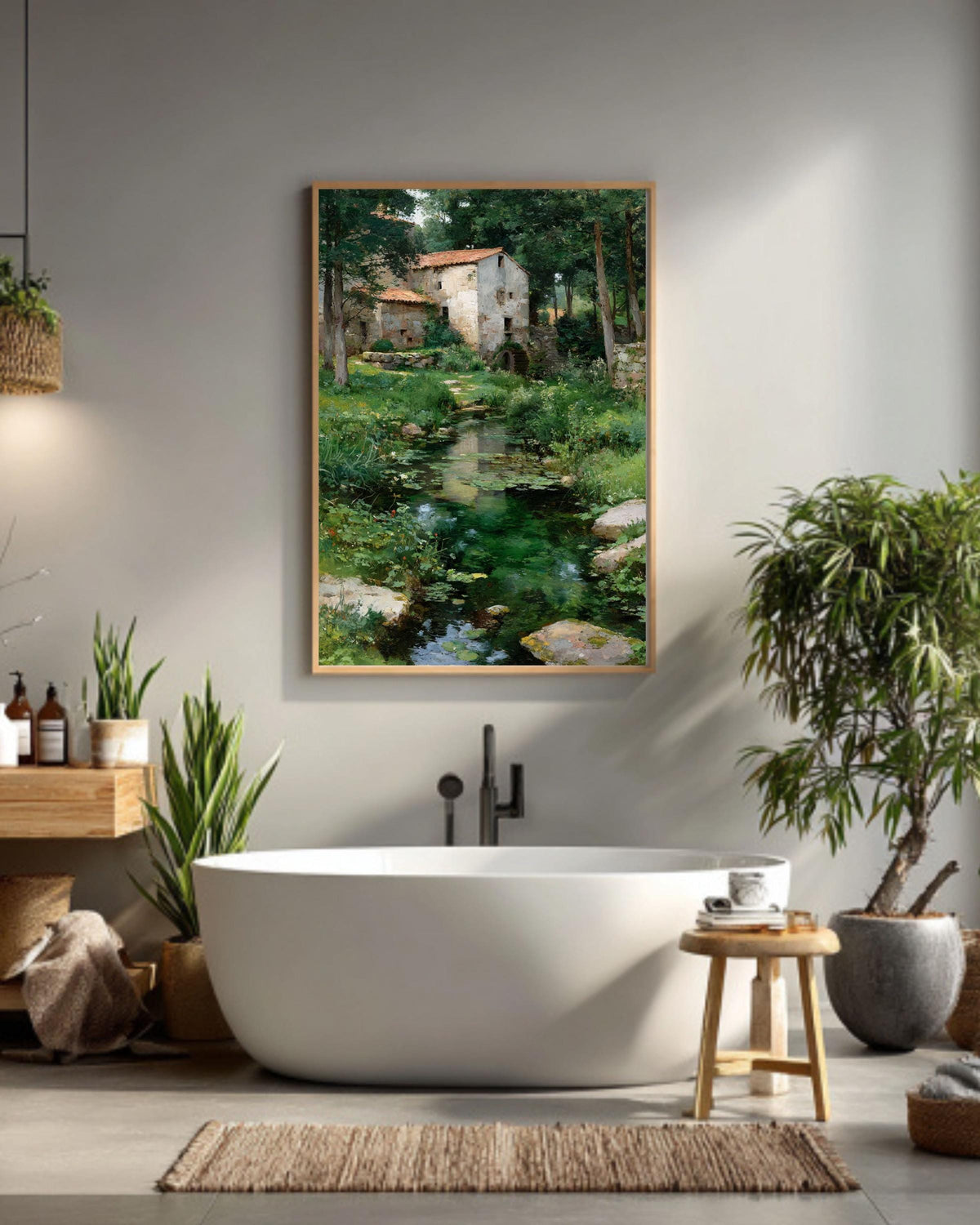 Rustic River Landscape Vintage Cottage Scene Rural Countryside Farmhouse Style Framed Canvas