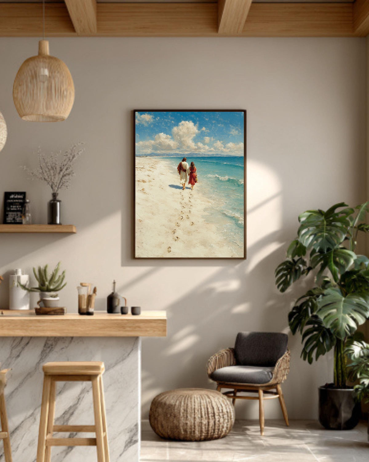 Jesus Christ Portrait Footprints in the Sand Religious Christian Beach Scene Faith Inspired Framed Canvas