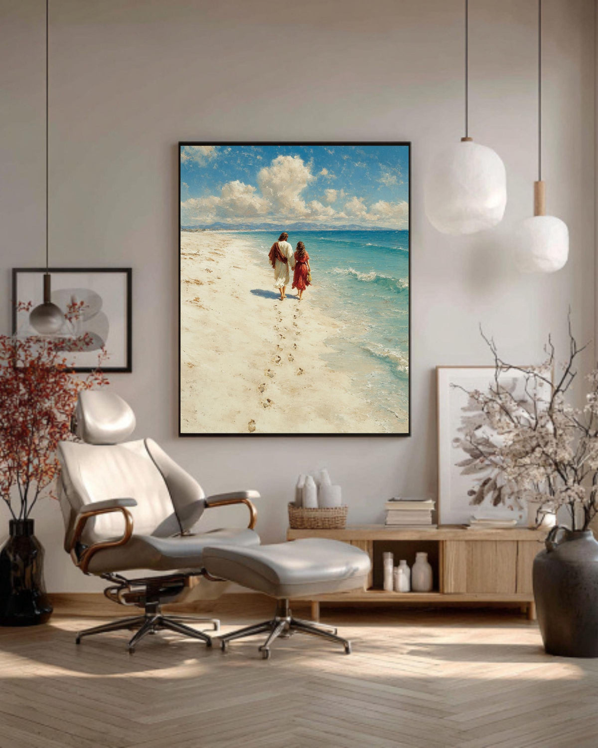Jesus Christ Portrait Footprints in the Sand Religious Christian Beach Scene Faith Inspired Framed Canvas