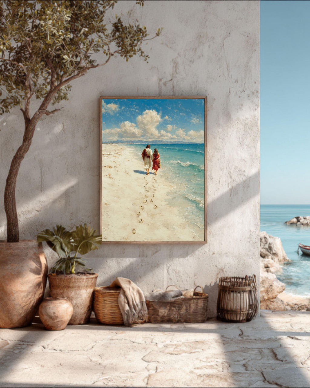 Jesus Christ Portrait Footprints in the Sand Religious Christian Beach Scene Faith Inspired Framed Canvas
