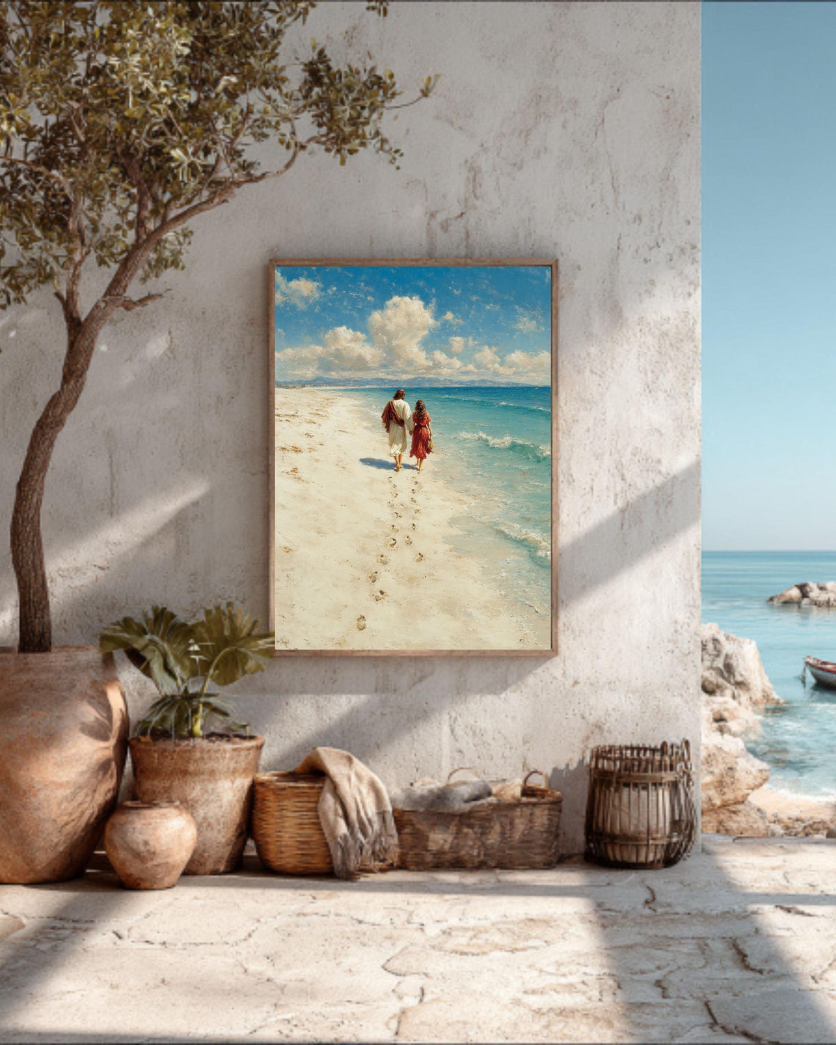 Jesus Christ Portrait Footprints in the Sand Religious Christian Beach Scene Faith Inspired Framed Canvas