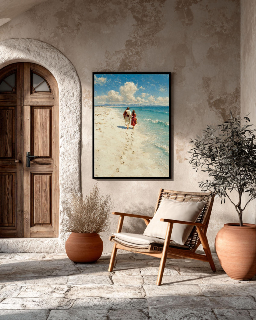Jesus Christ Portrait Footprints in the Sand Religious Christian Beach Scene Faith Inspired Framed Canvas