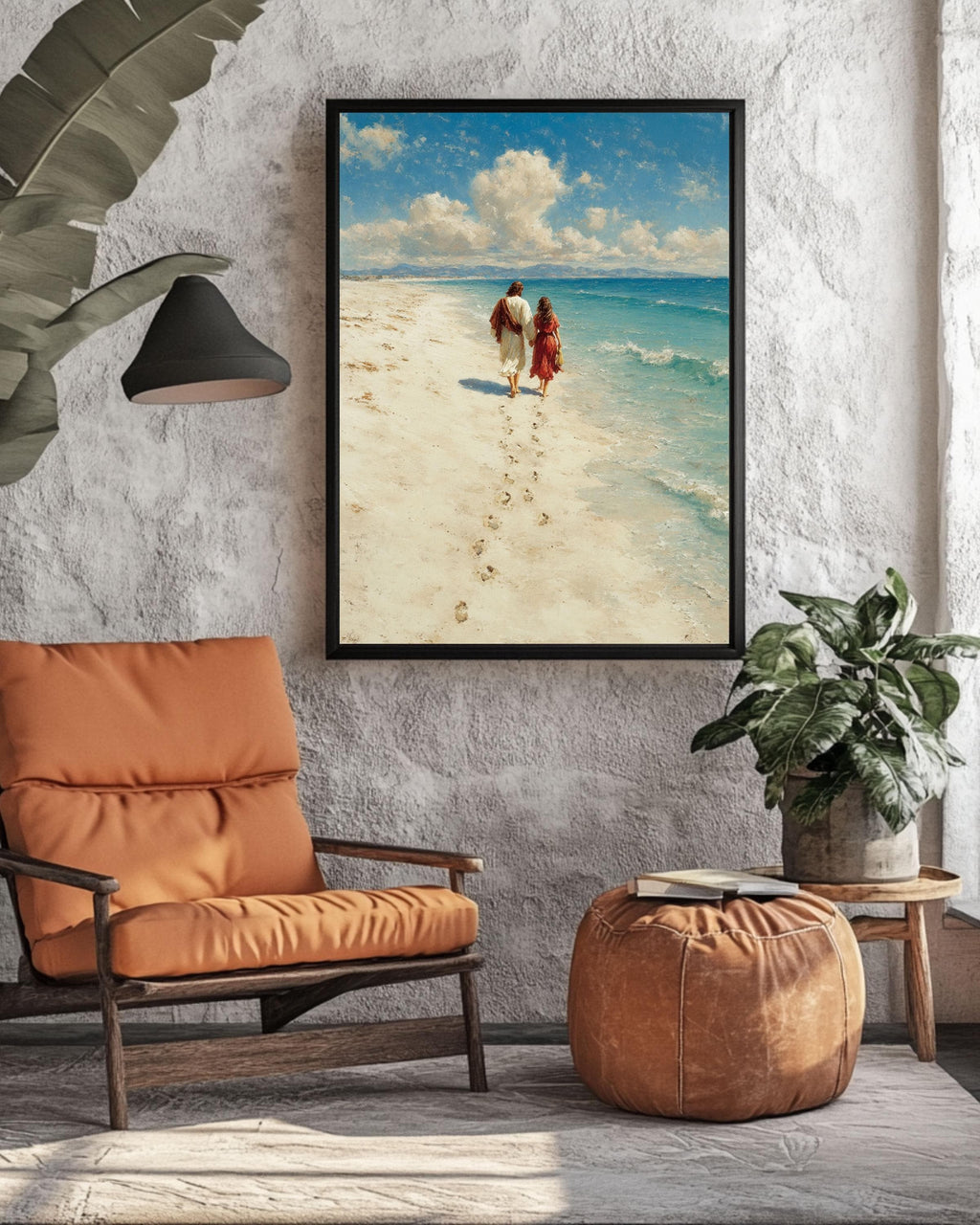 Jesus Christ Portrait Footprints in the Sand Religious Christian Beach Scene Faith Inspired Framed Canvas