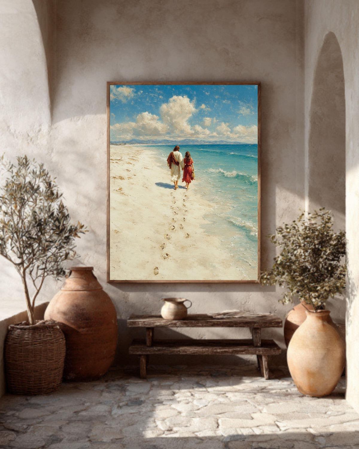 Jesus Christ Portrait Footprints in the Sand Religious Christian Beach Scene Faith Inspired Framed Canvas