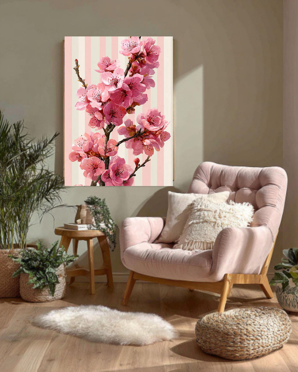 Cherry Blossom Canvas Art: Pink Sakura Floral Print, Framed Wall Decor
