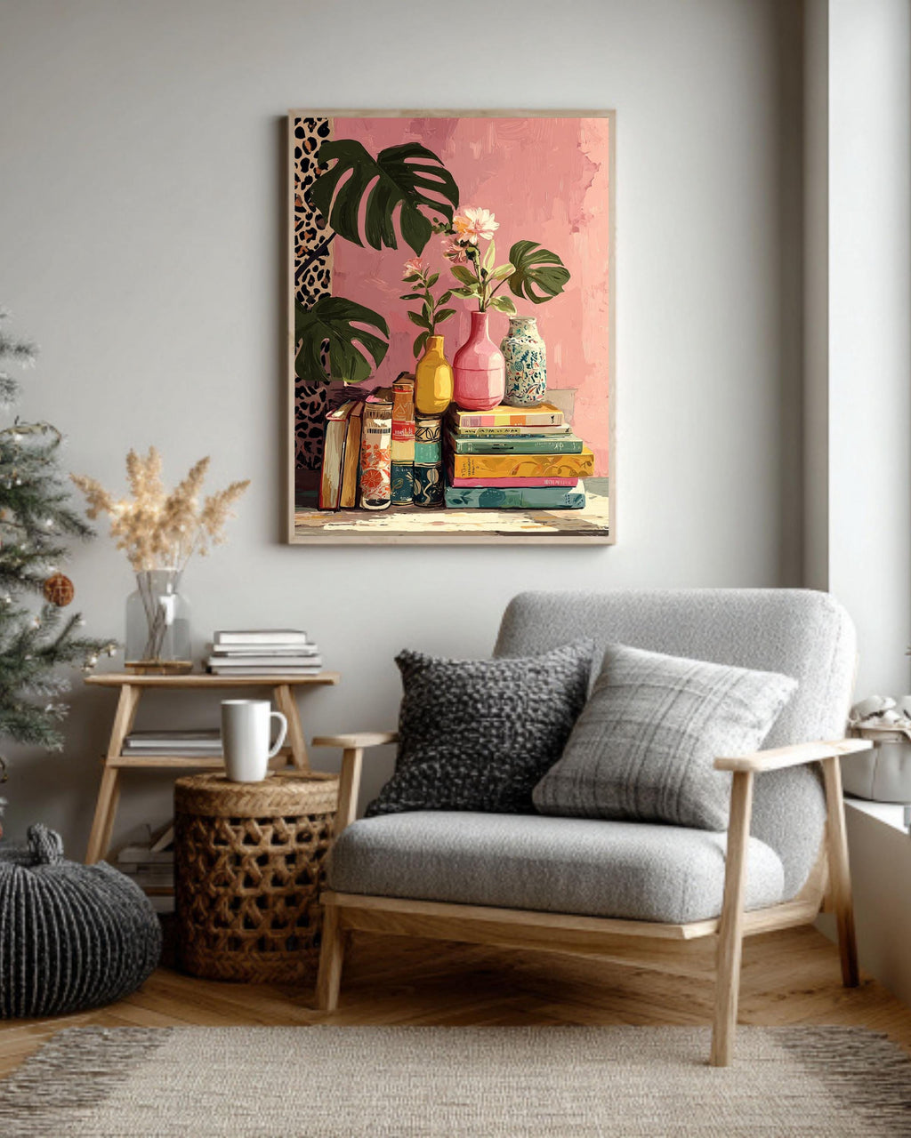 Retro Book and Plants Canvas Print: Colorful Still Life Art